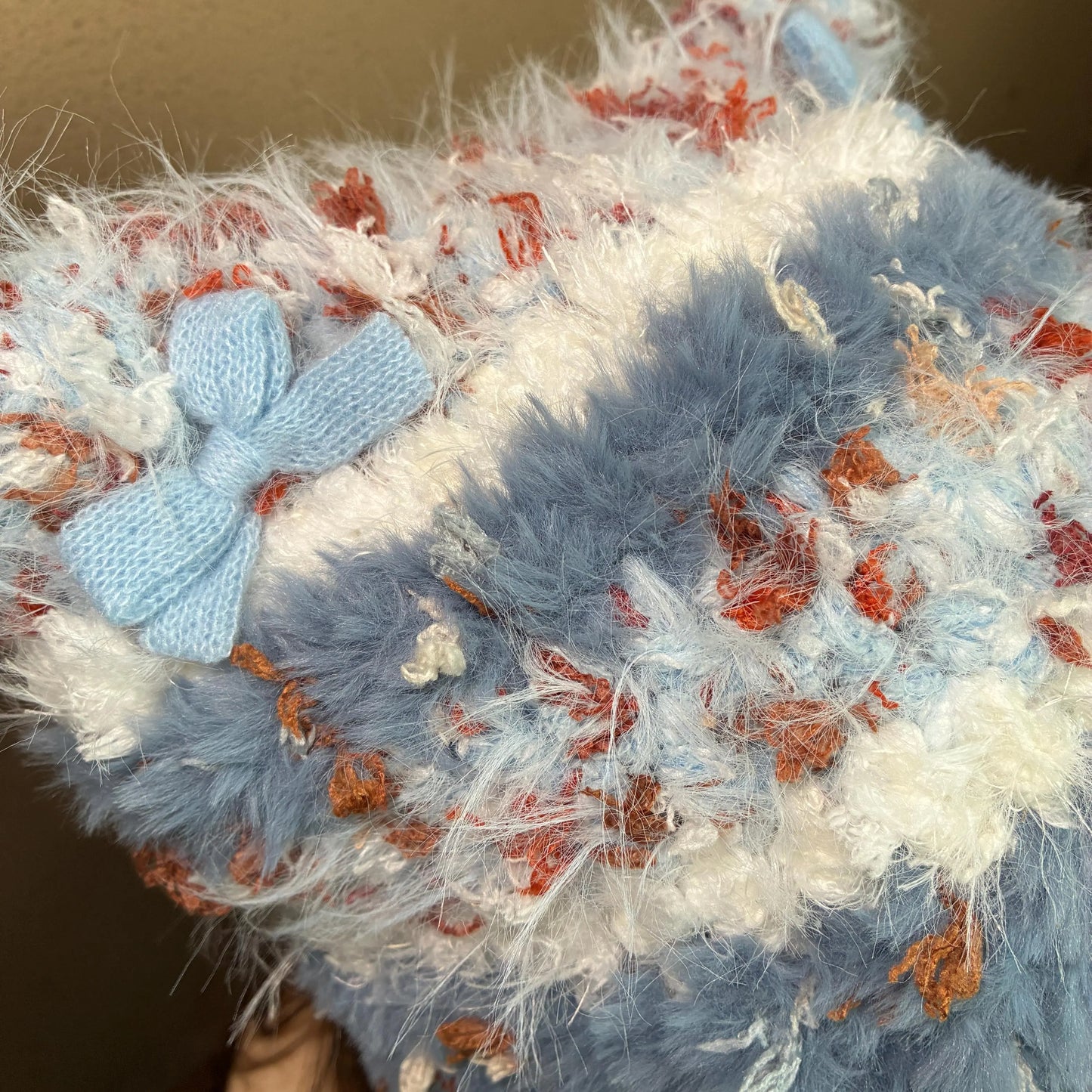 Handmade Dusty Blue Cat Ear Hat - Shaggy Faux Fur Jellyfish Beanie with Long Tassels - Vintage Aesthetic Plush Winter Trapper Hat