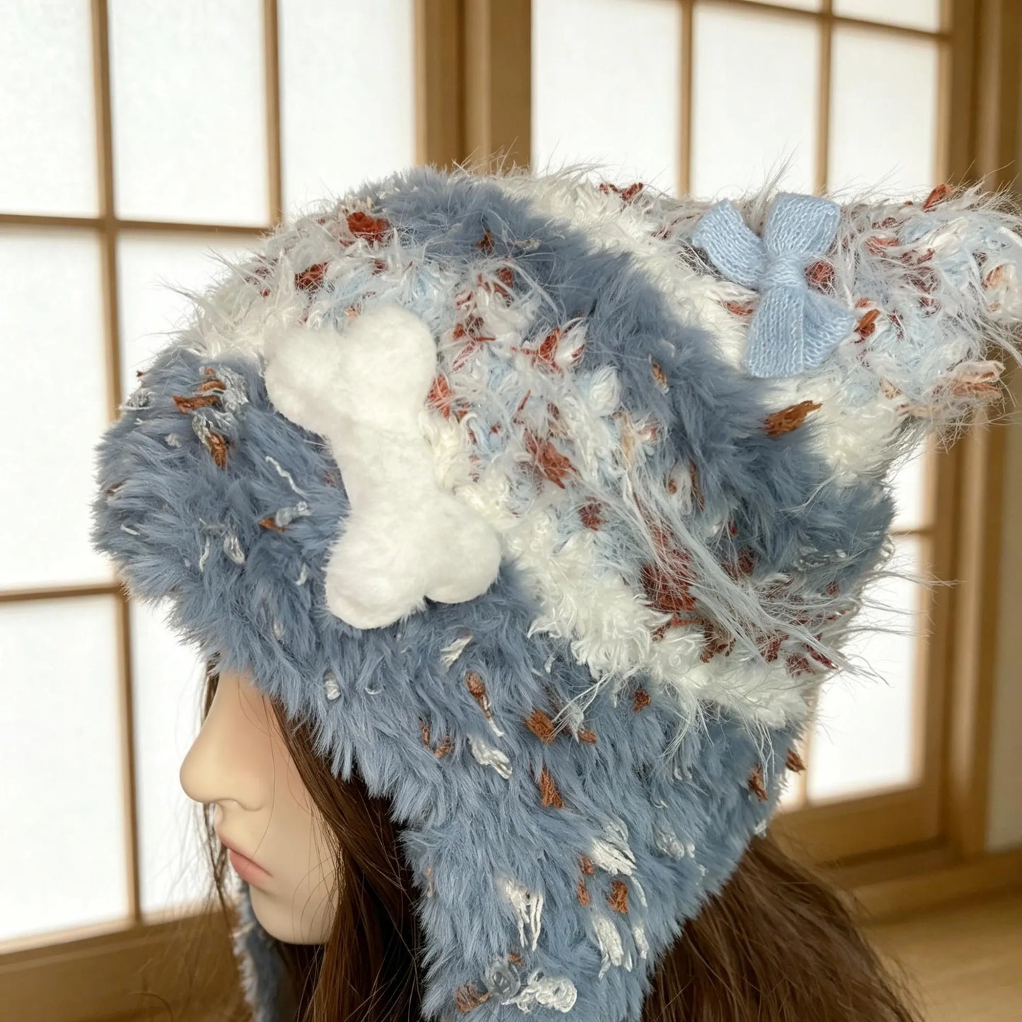 Handmade Dusty Blue Cat Ear Hat - Shaggy Faux Fur Jellyfish Beanie with Long Tassels - Vintage Aesthetic Plush Winter Trapper Hat