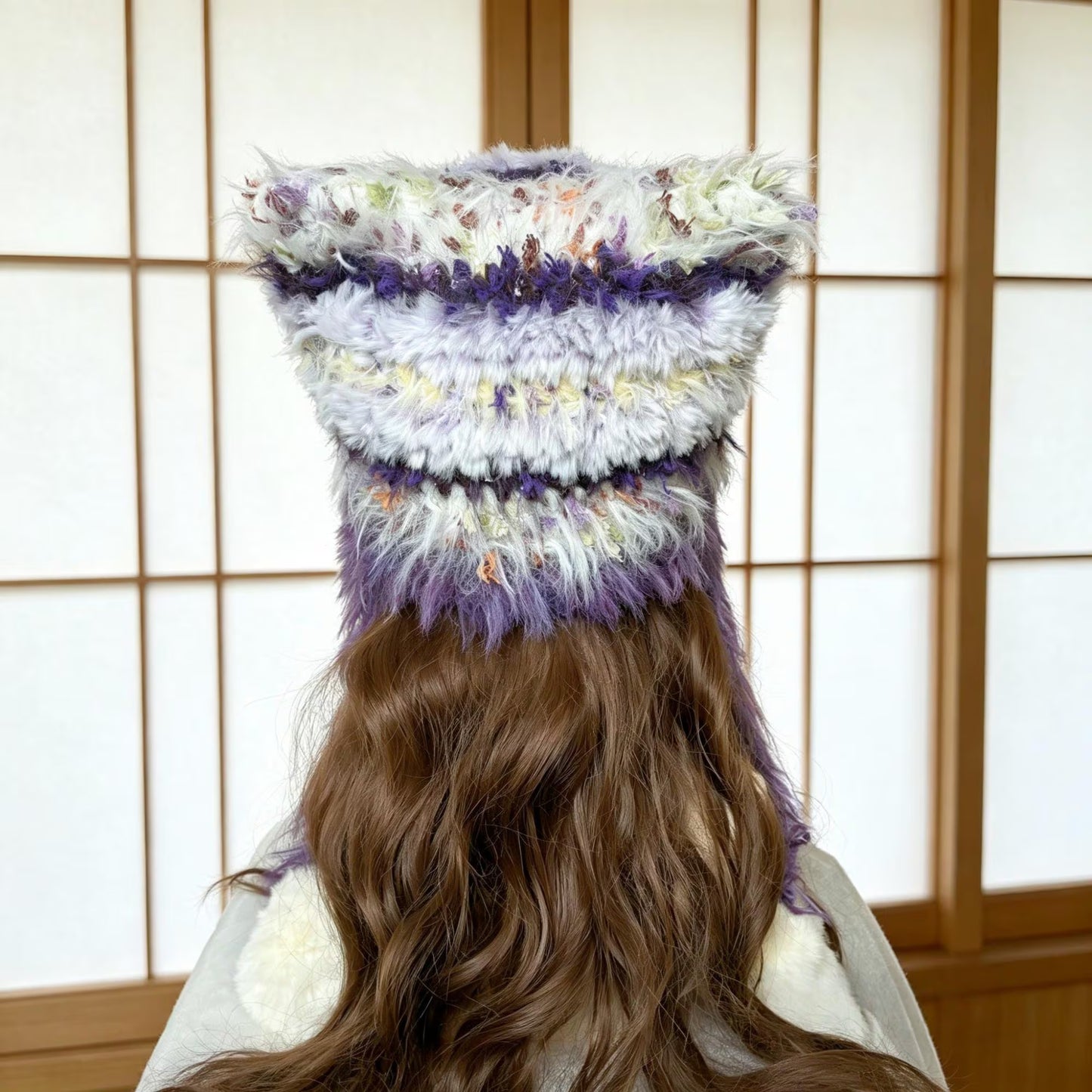 Handmade Purple and White Cat Ear Hat - Shaggy Faux Fur Jellyfish Beanie with Pom-Poms - Whimsical Aesthetic Winter Trapper Hat