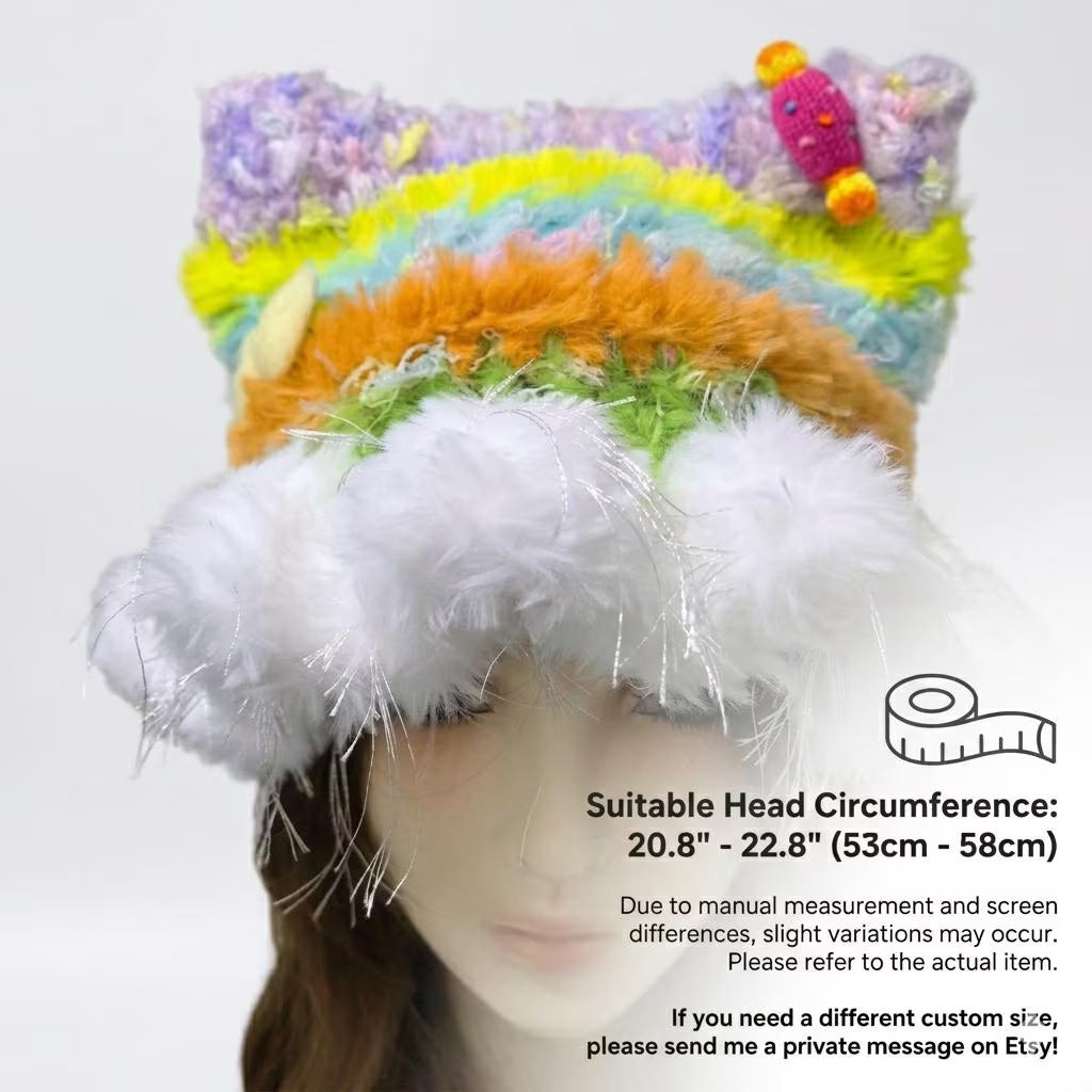 Handmade Rainbow Cat Ear Hat - Colorful Crochet Jellyfish Beanie with Tinsel Faux Fur - Whimsical Kawaii Aesthetic Winter Accessory