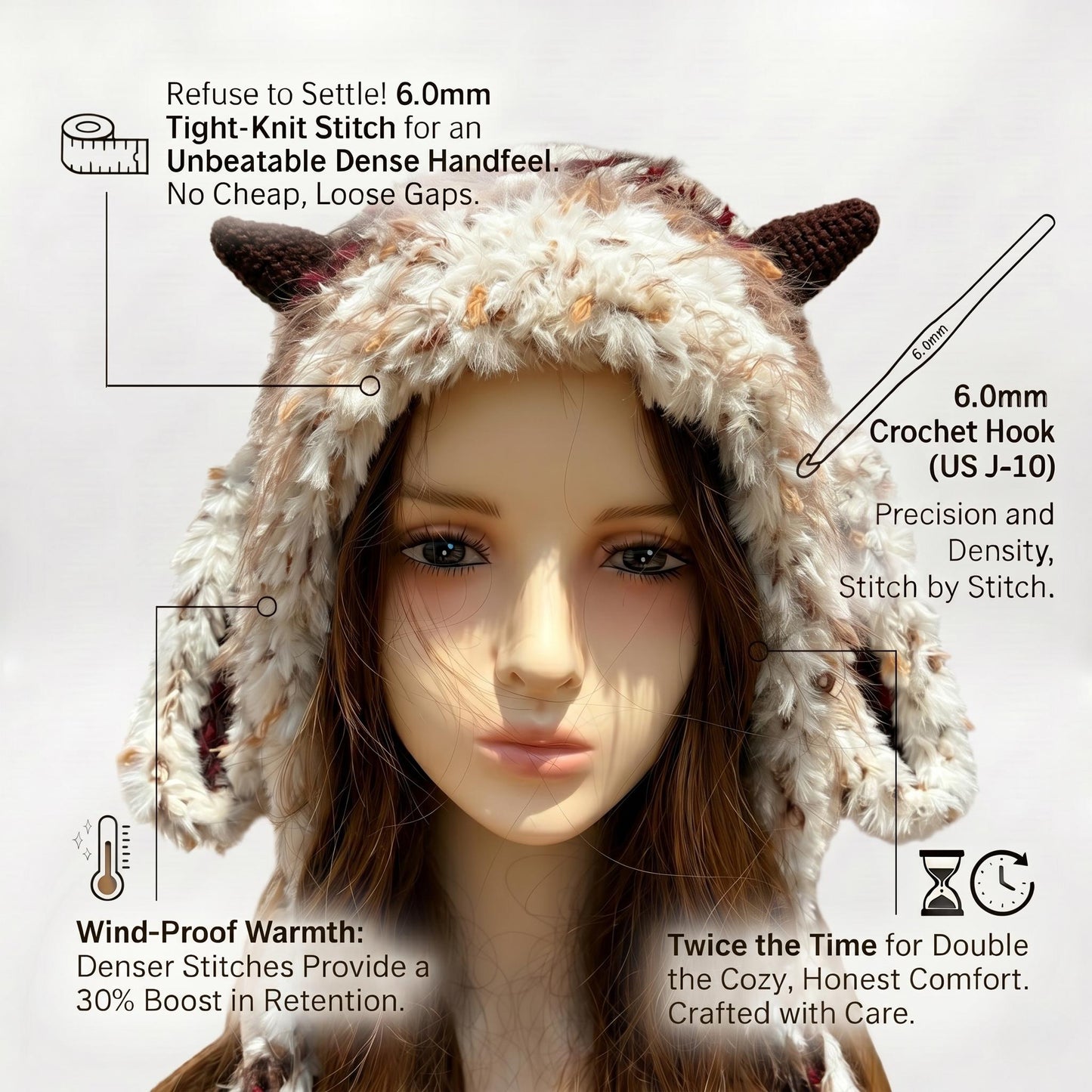 Handmade Lamb Ear Hat - Brown & Cream Fuzzy Jellyfish Beanie - Plush Winter Trapper Hat
