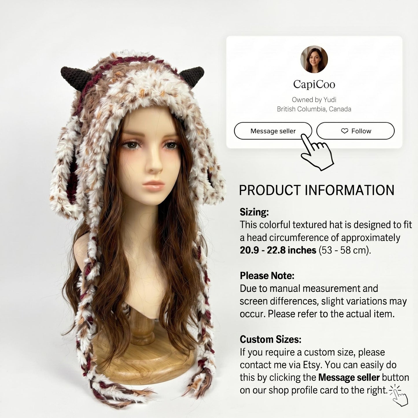 Handmade Lamb Ear Hat - Brown & Cream Fuzzy Jellyfish Beanie - Plush Winter Trapper Hat
