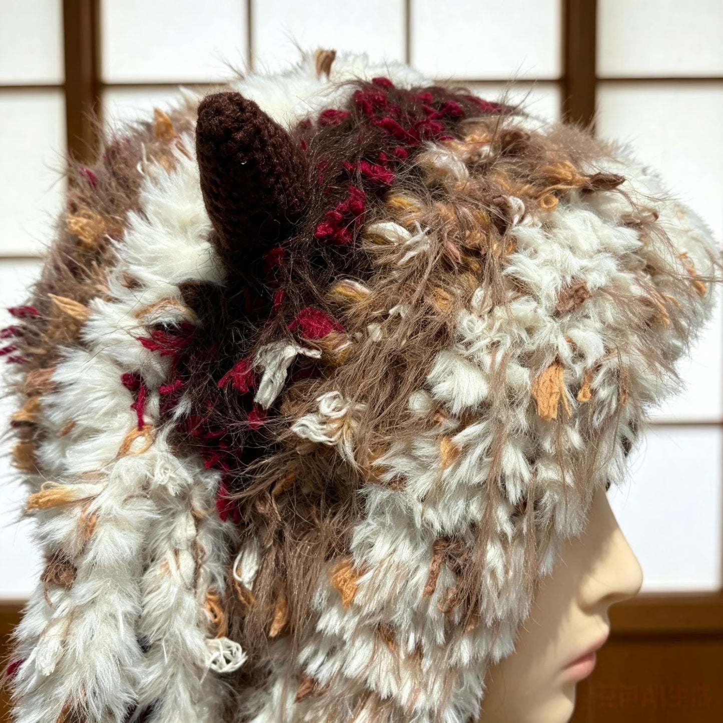 Handmade Lamb Ear Hat - Brown & Cream Fuzzy Jellyfish Beanie - Plush Winter Trapper Hat