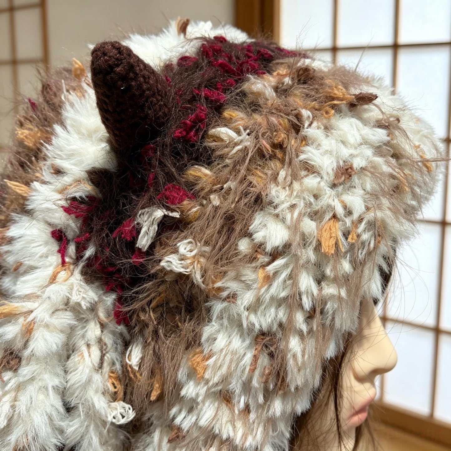 Handmade Lamb Ear Hat - Brown & Cream Fuzzy Jellyfish Beanie - Plush Winter Trapper Hat