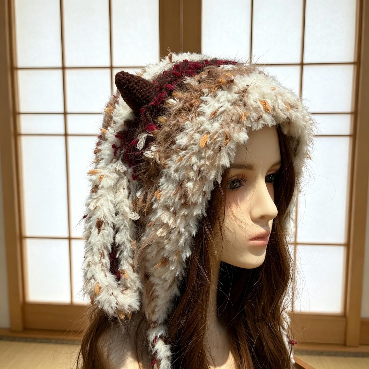 Handmade Lamb Ear Hat - Brown & Cream Fuzzy Jellyfish Beanie - Plush Winter Trapper Hat