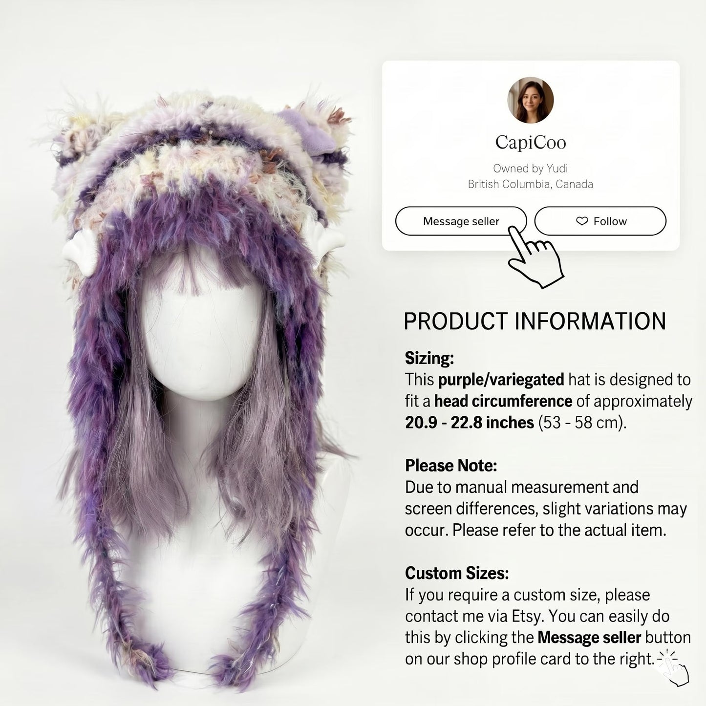 Handmade Purple and White Cat Ear Hat - Shaggy Faux Fur Jellyfish Beanie with Pom-Poms - Whimsical Aesthetic Winter Trapper Hat