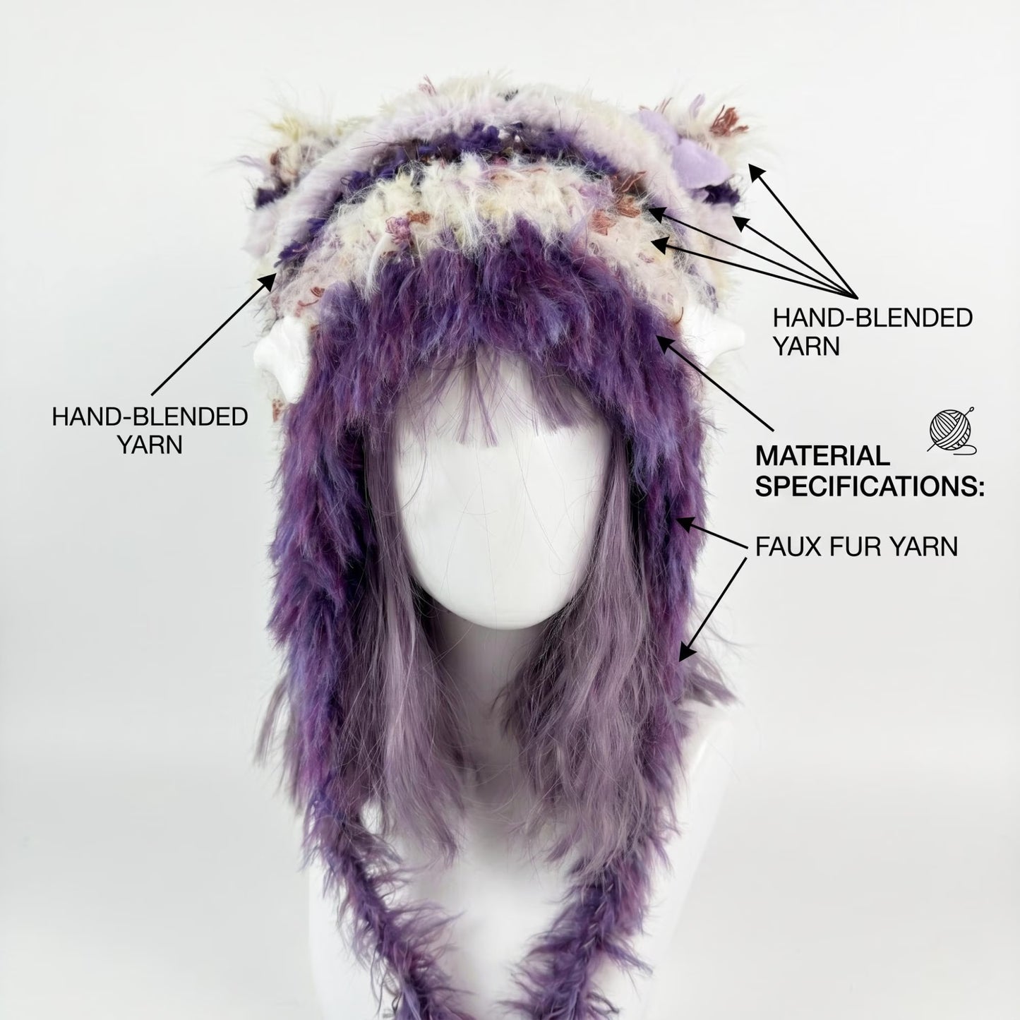 Handmade Purple and White Cat Ear Hat - Shaggy Faux Fur Jellyfish Beanie with Pom-Poms - Whimsical Aesthetic Winter Trapper Hat