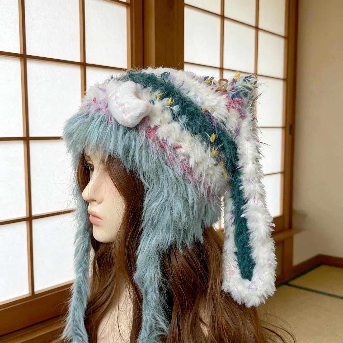 Handmade Long Ear Rabbit Beanie, Moss Green Mixed Yarn Fluffy Trapper Hat with Star Accent, Whimsical Shaggy Earflap Hat, Forest Fairycore Gift
