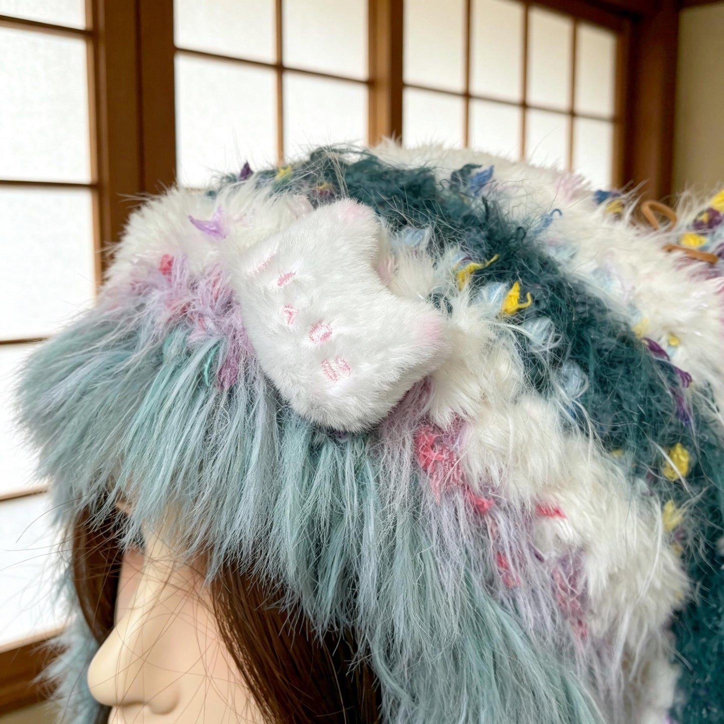 Handmade Long Ear Rabbit Beanie, Moss Green Mixed Yarn Fluffy Trapper Hat with Star Accent, Whimsical Shaggy Earflap Hat, Forest Fairycore Gift