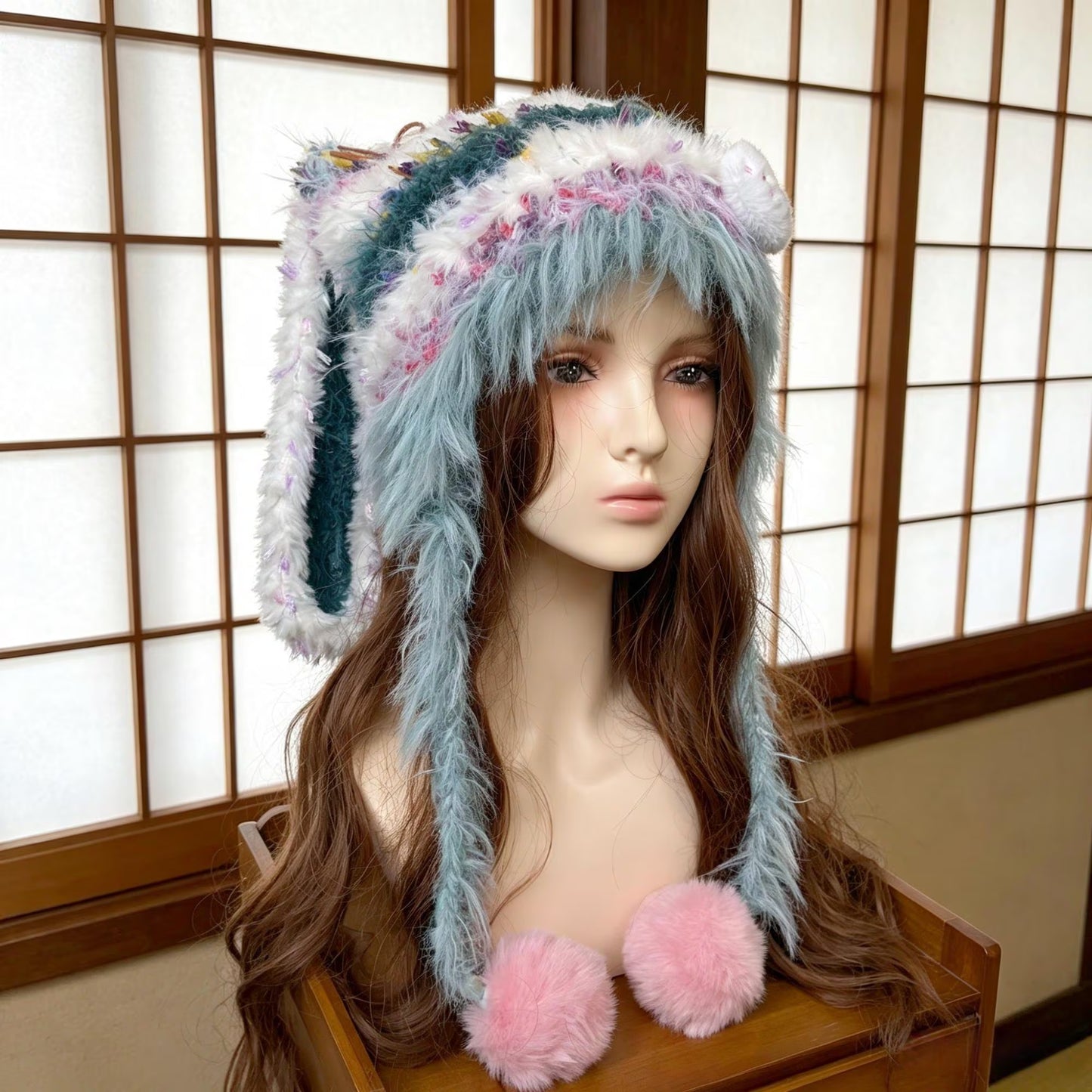 Handmade Chunky Crochet Cat Ear Beanie, Brown Moss Green Mixed Yarn Fluffy Animal Hat, Whimsical Shaggy Trapper Hat, Forest Fairycore Winter Gift