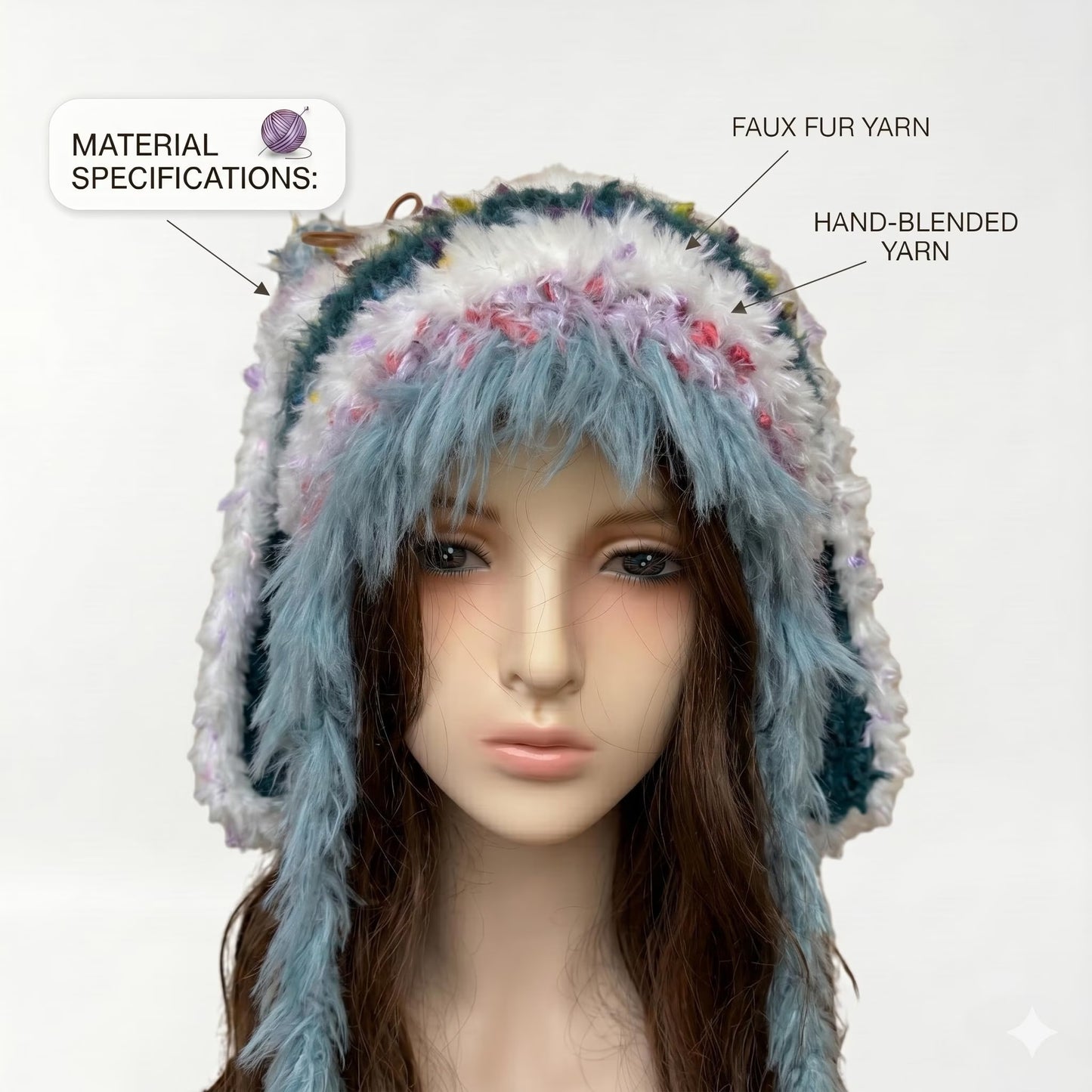 Handmade Long Ear Rabbit Beanie, Moss Green Mixed Yarn Fluffy Trapper Hat with Star Accent, Whimsical Shaggy Earflap Hat, Forest Fairycore Gift