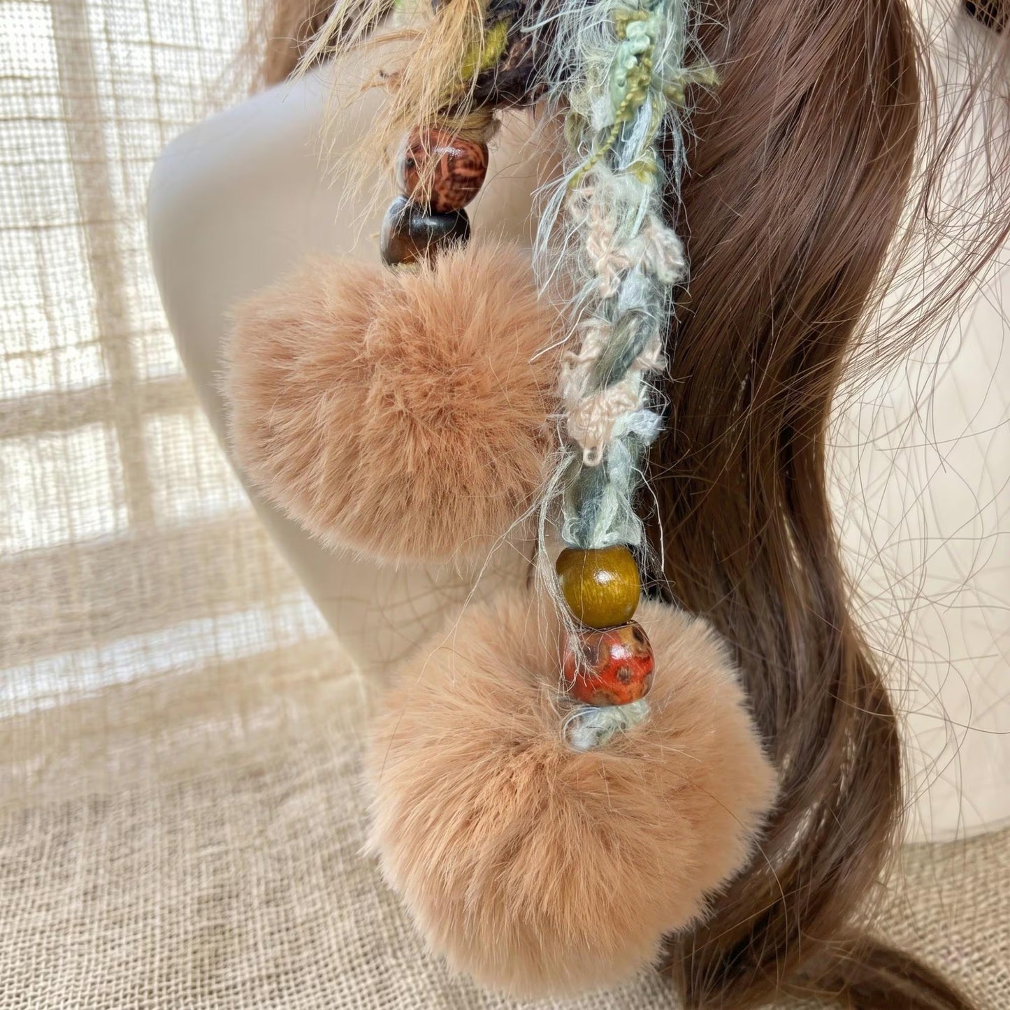 Handmade Bunny Ear Hat - Moss Green Fuzzy Jellyfish Beanie - Plush Winter Trapper Hat with Pom-Poms