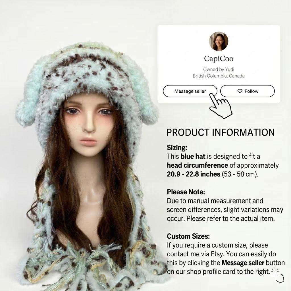 Handmade Mint Green & Coffee Spotted Bunny Ear Beanie - Fluffy Plush Animal Trapper Hat for Women