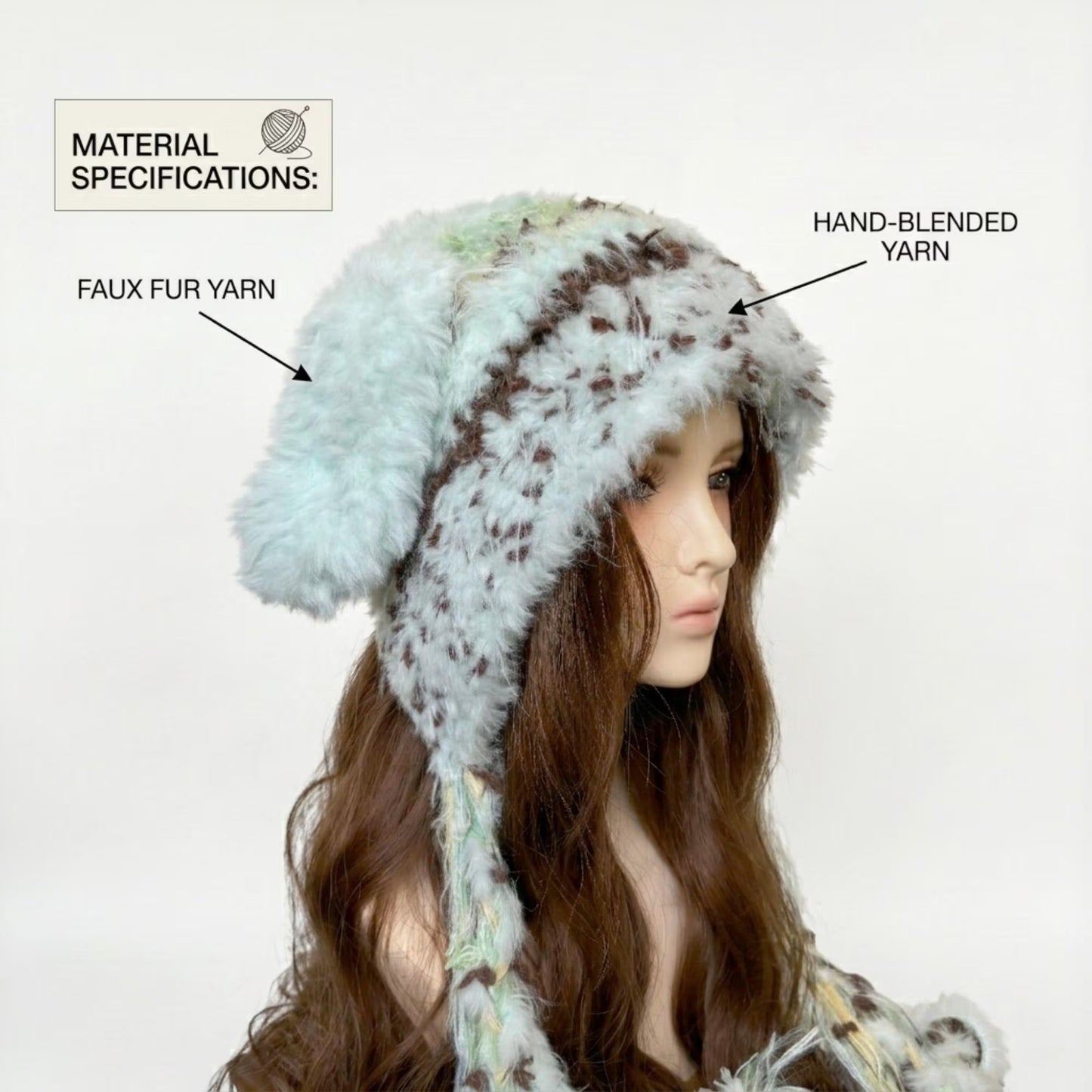 Handmade Mint Green & Coffee Spotted Bunny Ear Beanie - Fluffy Plush Animal Trapper Hat for Women