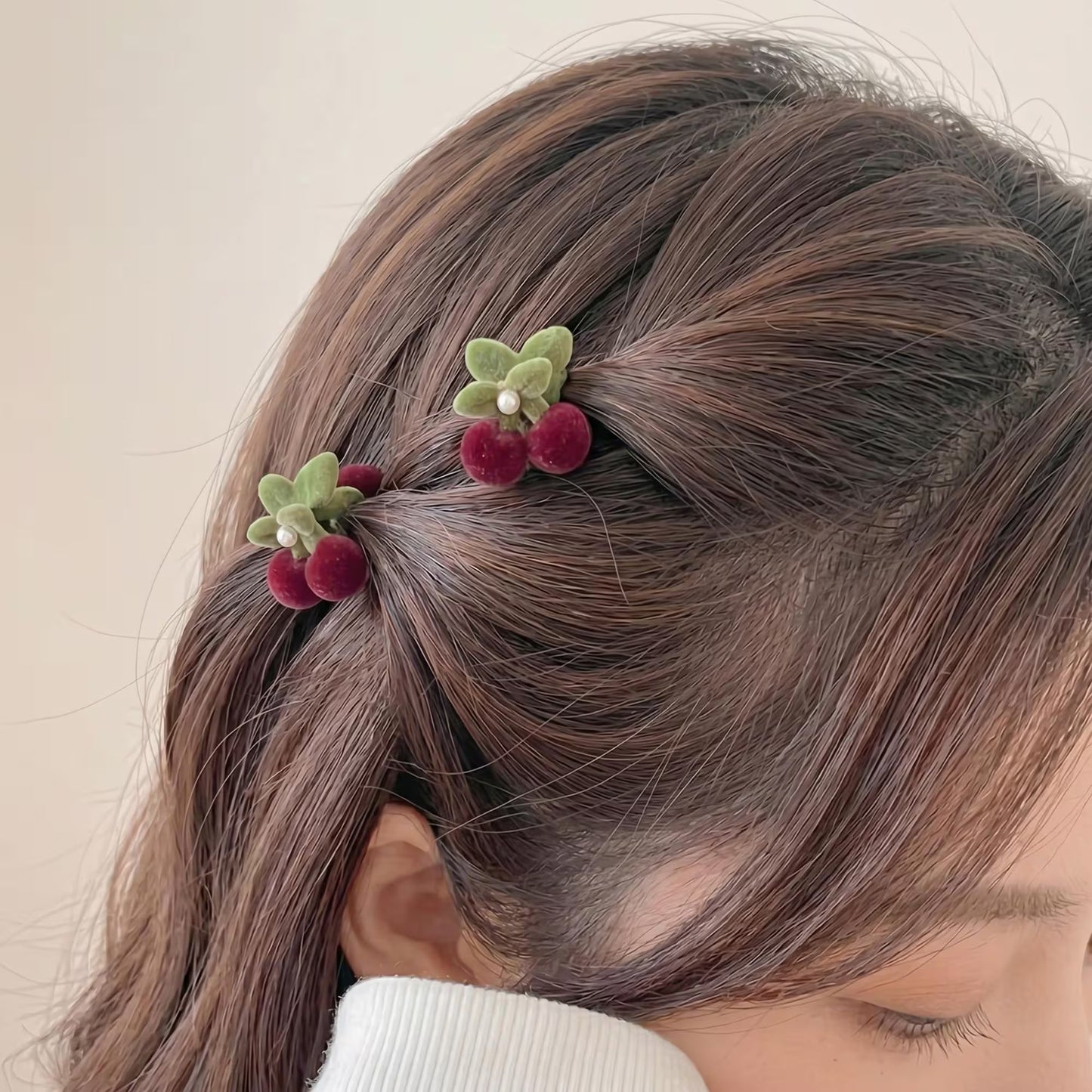 Burgundy Velvet Cherry & Pearl Mini Claw Clip