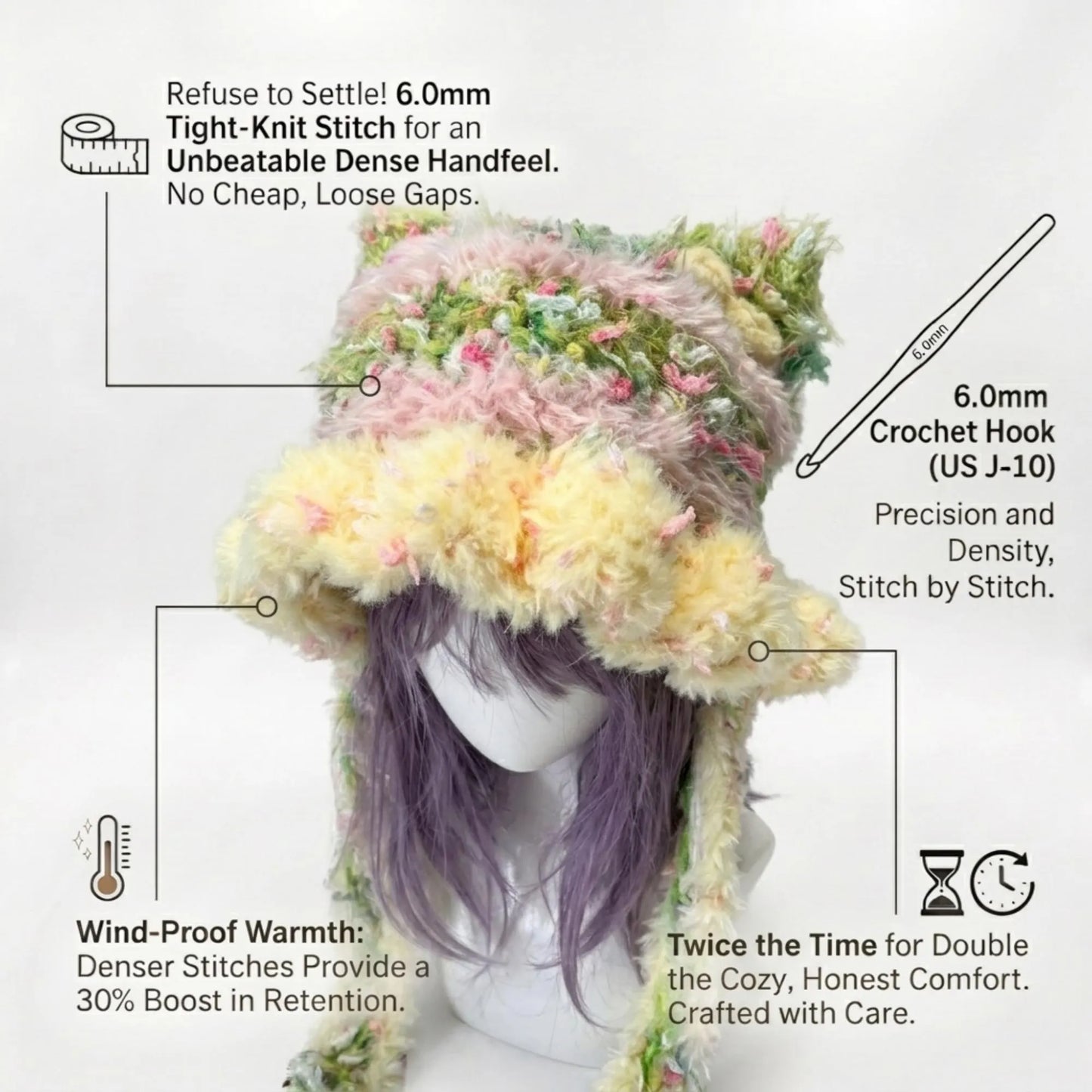 Handmade Pastel Rainbow Cat Ear Hat - Shaggy Faux Fur Jellyfish Beanie with Long Tassels - Fairycore Aesthetic Plush Winter Accessory