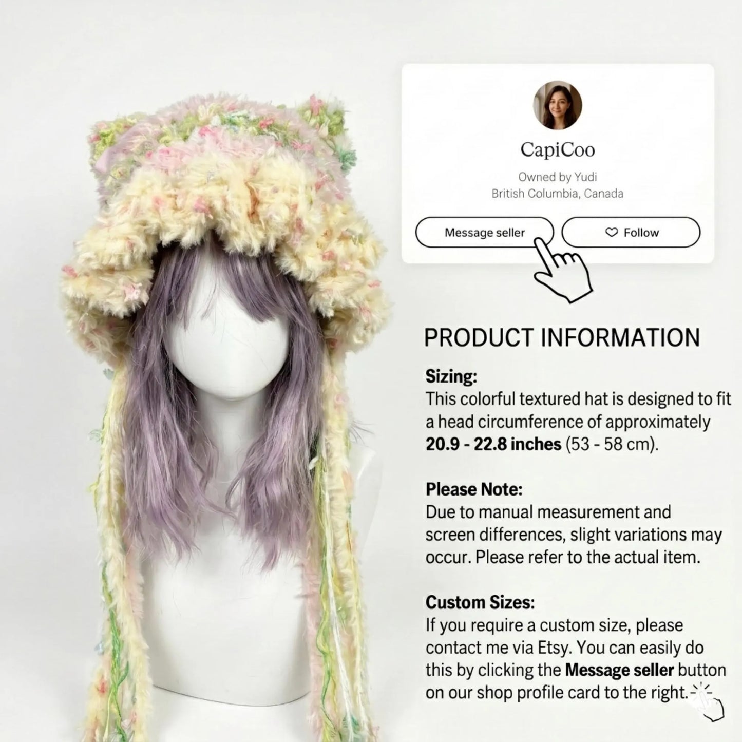 Handmade Pastel Rainbow Cat Ear Hat - Shaggy Faux Fur Jellyfish Beanie with Long Tassels - Fairycore Aesthetic Plush Winter Accessory