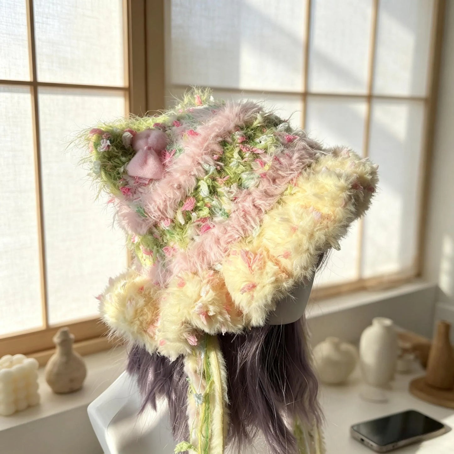 Handmade Pastel Rainbow Cat Ear Hat - Shaggy Faux Fur Jellyfish Beanie with Long Tassels - Fairycore Aesthetic Plush Winter Accessory
