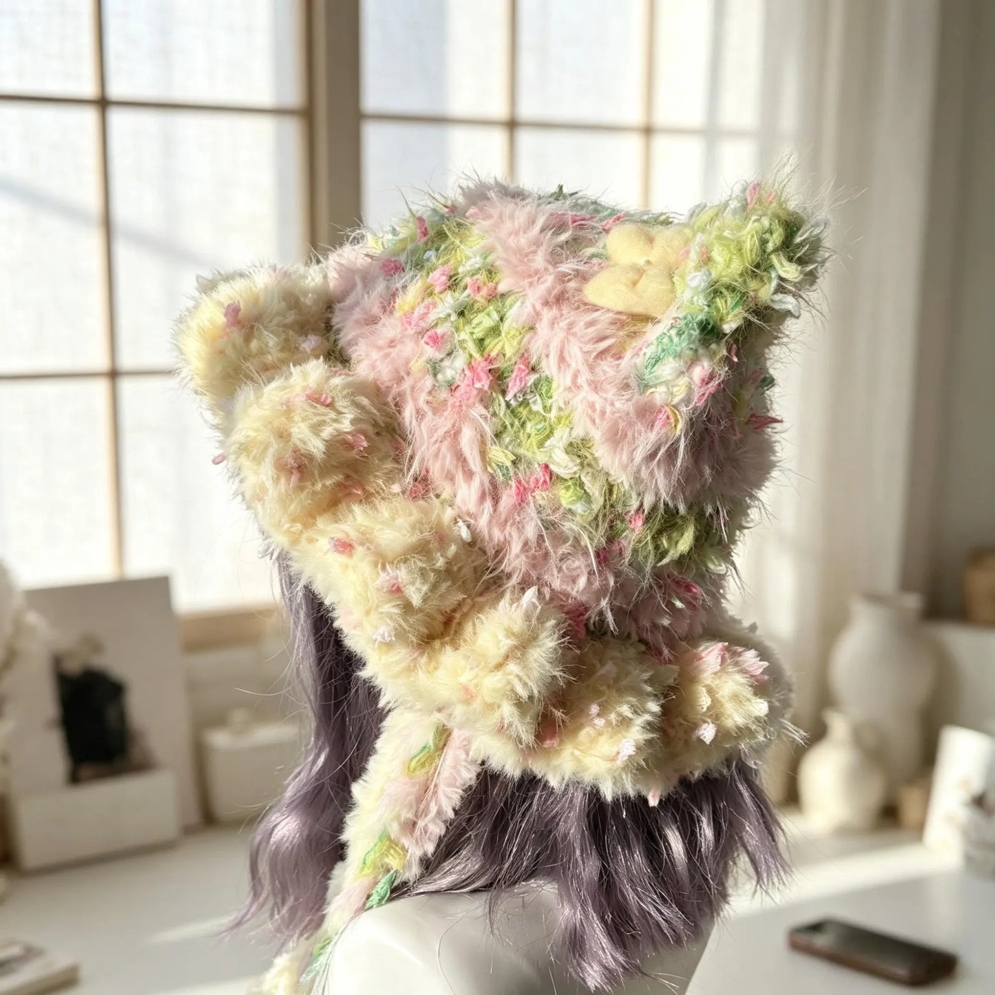 Handmade Pastel Rainbow Cat Ear Hat - Shaggy Faux Fur Jellyfish Beanie with Long Tassels - Fairycore Aesthetic Plush Winter Accessory