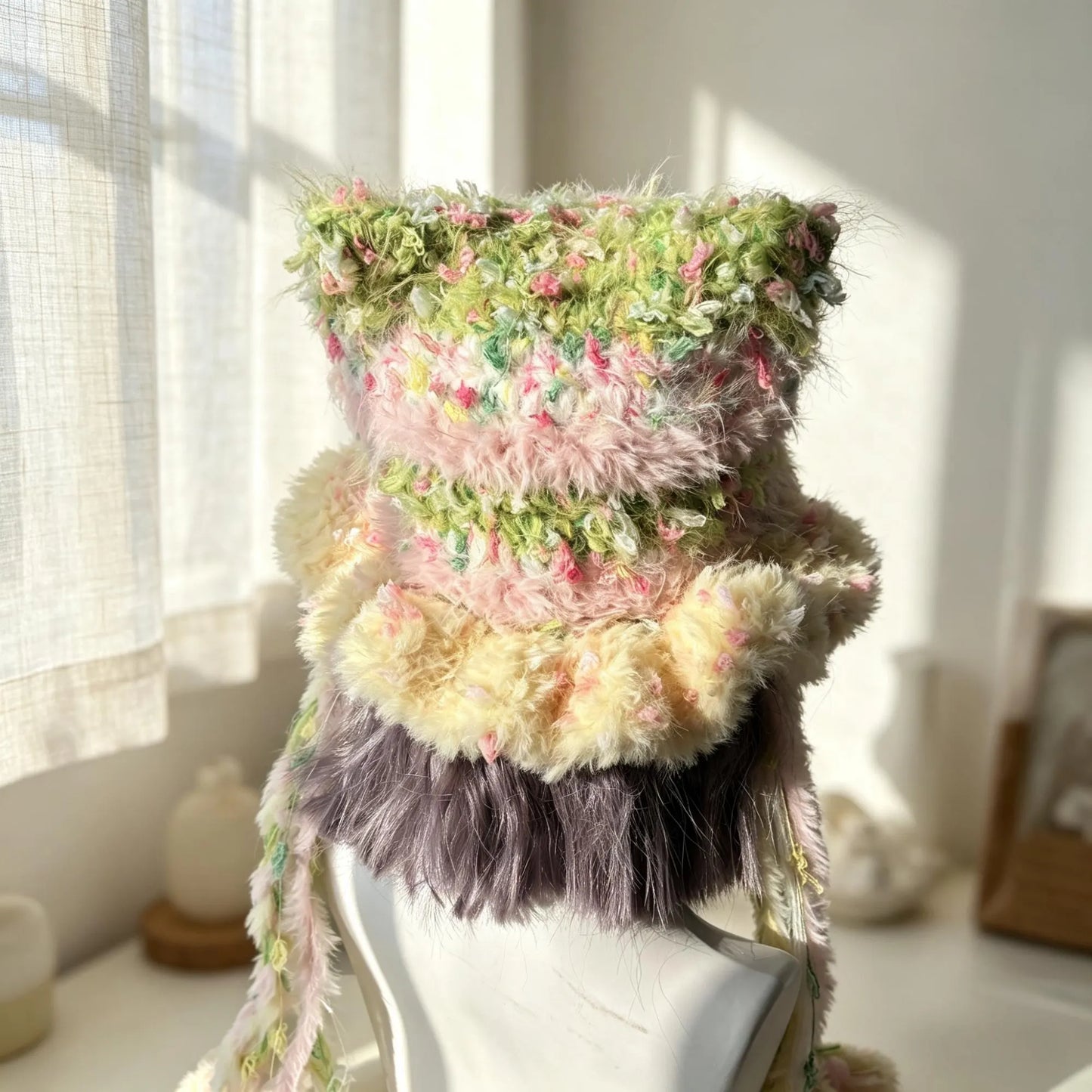 Handmade Pastel Rainbow Cat Ear Hat - Shaggy Faux Fur Jellyfish Beanie with Long Tassels - Fairycore Aesthetic Plush Winter Accessory