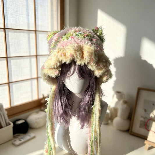 Handmade Pastel Rainbow Cat Ear Hat - Shaggy Faux Fur Jellyfish Beanie with Long Tassels - Fairycore Aesthetic Plush Winter Accessory