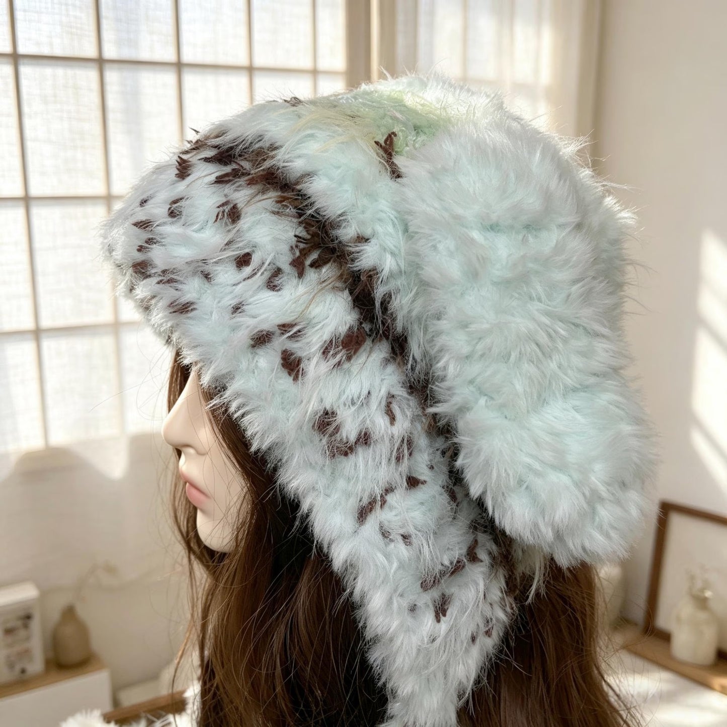 Handmade Mint Green & Coffee Spotted Bunny Ear Beanie - Fluffy Plush Animal Trapper Hat for Women
