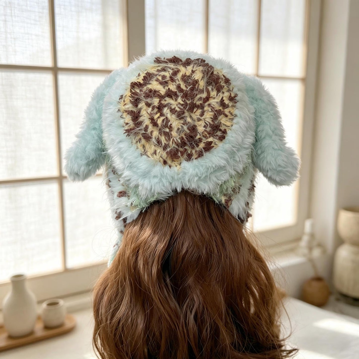 Handmade Mint Green & Coffee Spotted Bunny Ear Beanie - Fluffy Plush Animal Trapper Hat for Women