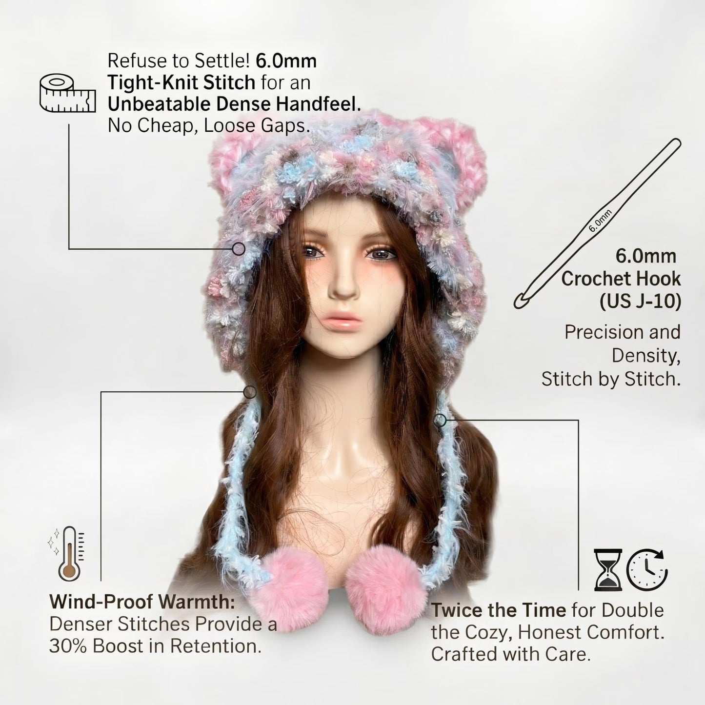 Handmade Pink & Blue Pastel Bear Ear Beanie - Fluffy Plush Animal Trapper Hat with Pom Poms for Women