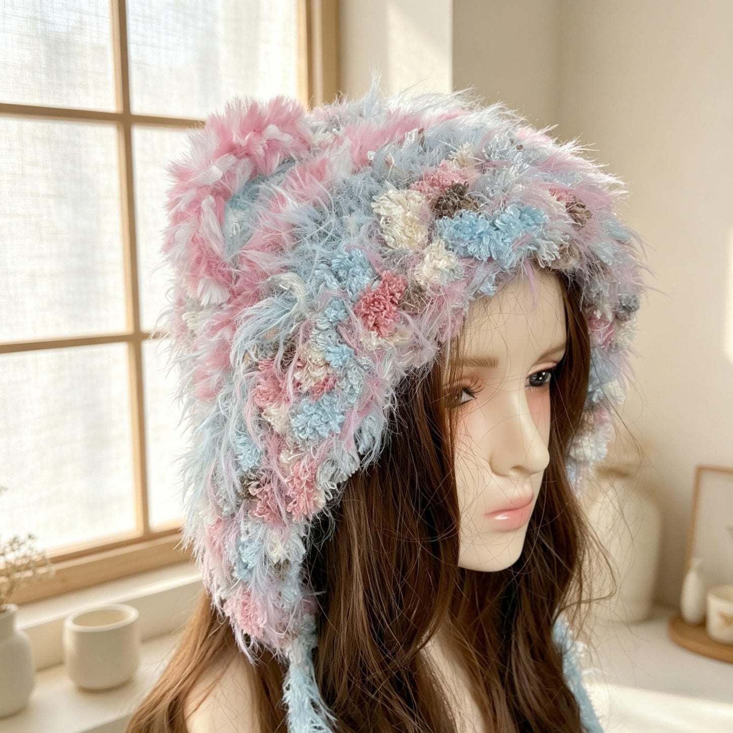 Handmade Pink & Blue Pastel Bear Ear Beanie - Fluffy Plush Animal Trapper Hat with Pom Poms for Women