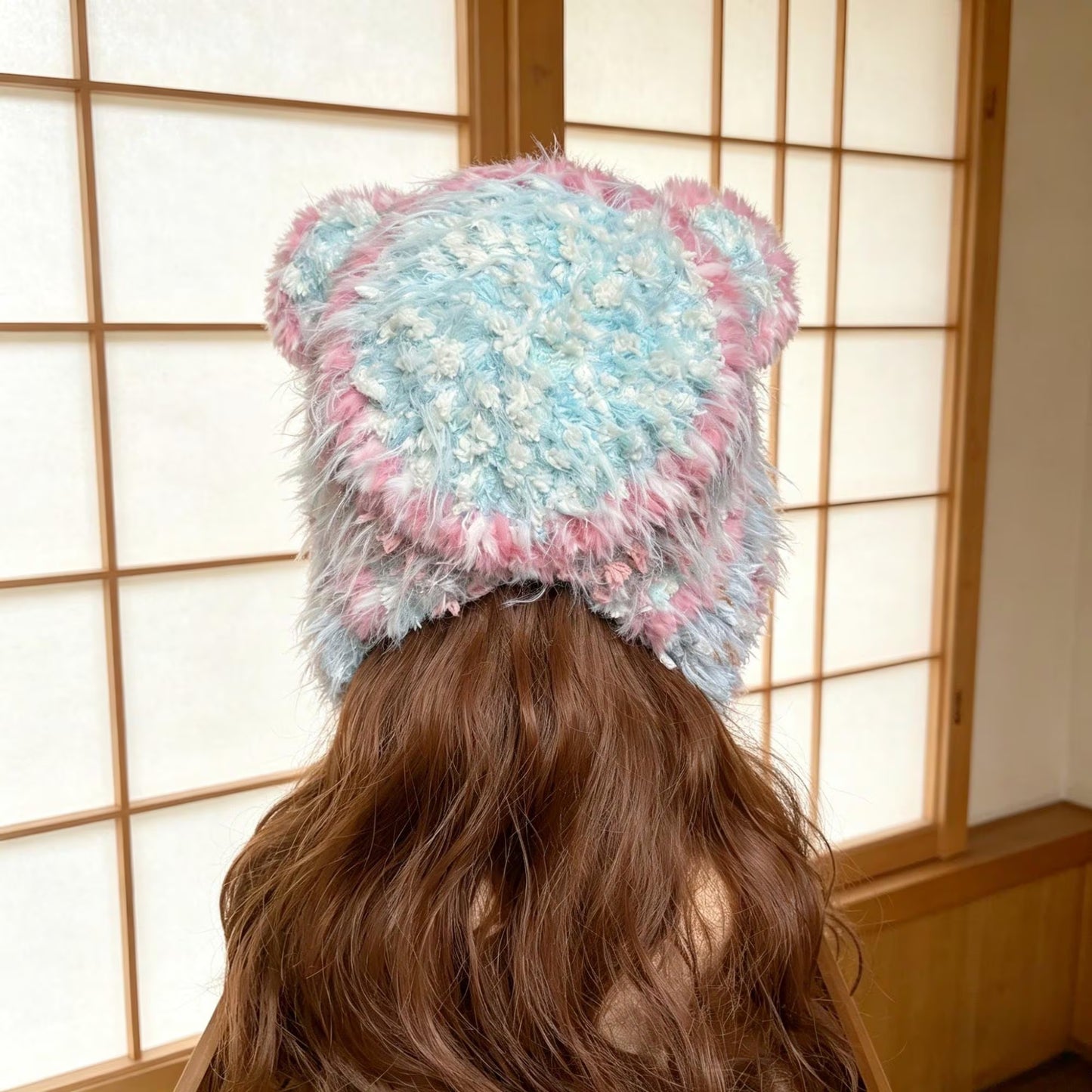 Handmade Pink & Blue Pastel Bear Ear Beanie - Fluffy Plush Animal Trapper Hat with Pom Poms for Women