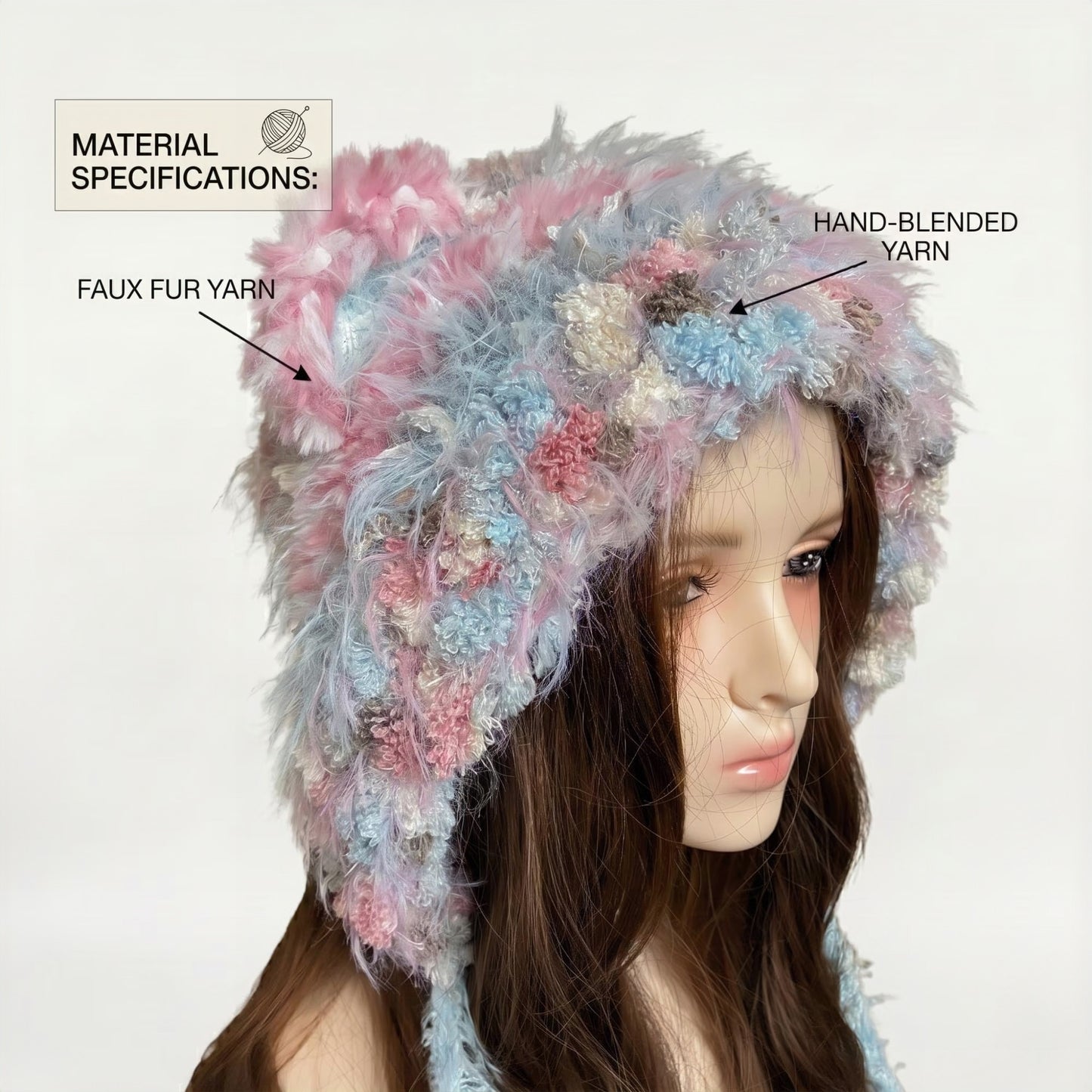Handmade Pink & Blue Pastel Bear Ear Beanie - Fluffy Plush Animal Trapper Hat with Pom Poms for Women
