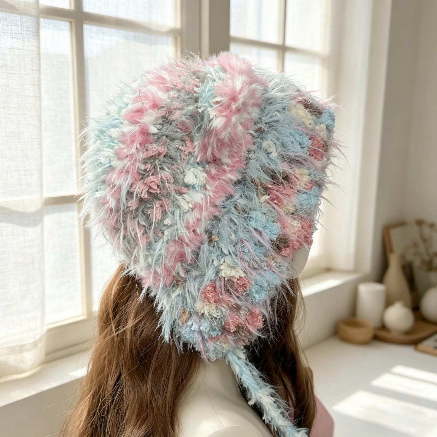 Handmade Pink & Blue Pastel Bear Ear Beanie - Fluffy Plush Animal Trapper Hat with Pom Poms for Women