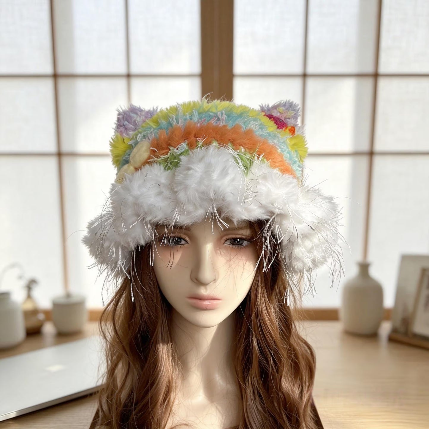 Handmade Rainbow Cat Ear Hat - Colorful Crochet Jellyfish Beanie with Tinsel Faux Fur - Whimsical Kawaii Aesthetic Winter Accessory