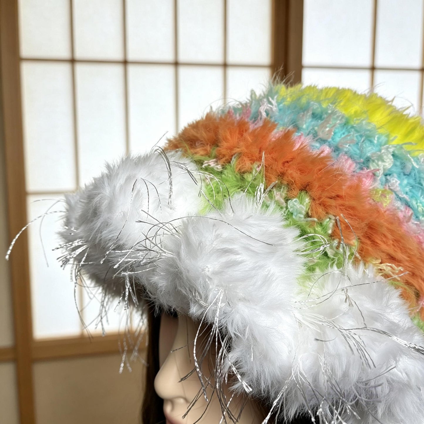 Handmade Rainbow Cat Ear Hat - Colorful Crochet Jellyfish Beanie with Tinsel Faux Fur - Whimsical Kawaii Aesthetic Winter Accessory
