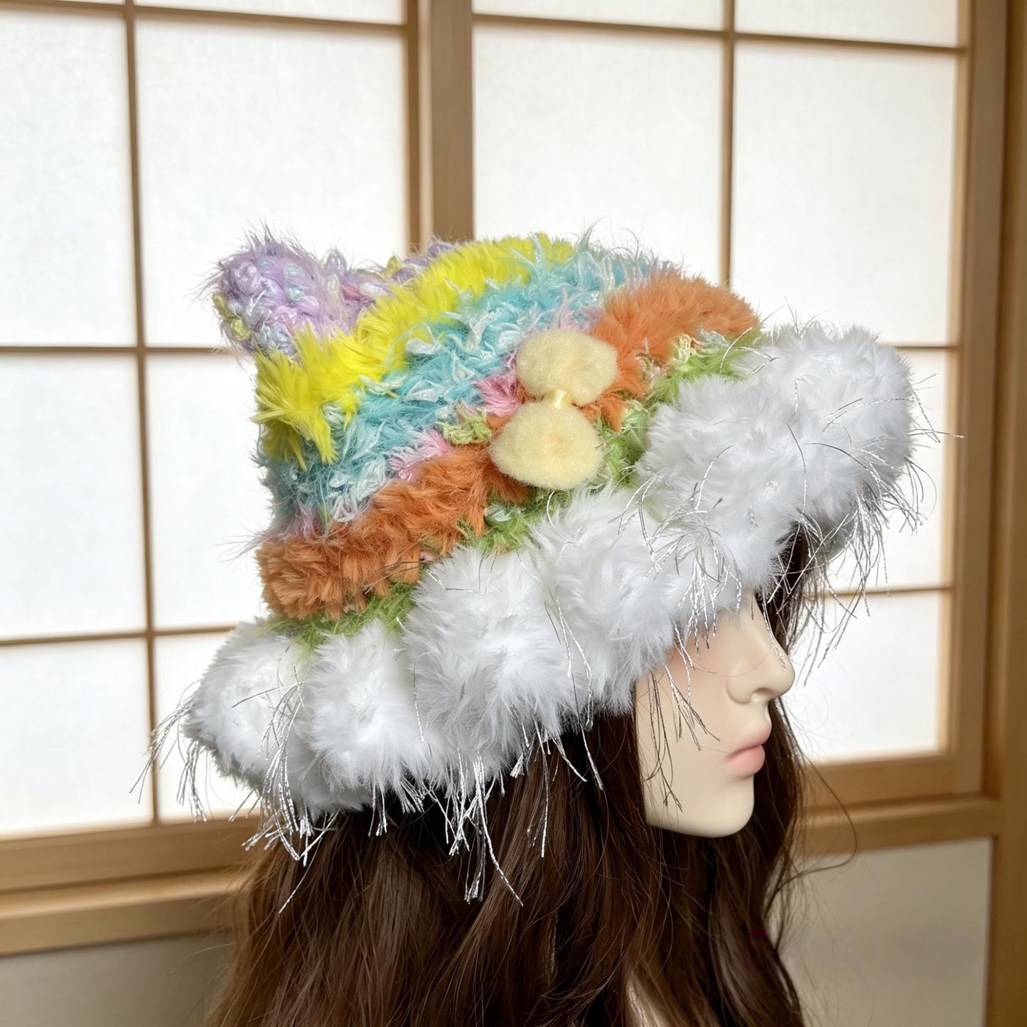 Handmade Rainbow Cat Ear Hat - Colorful Crochet Jellyfish Beanie with Tinsel Faux Fur - Whimsical Kawaii Aesthetic Winter Accessory