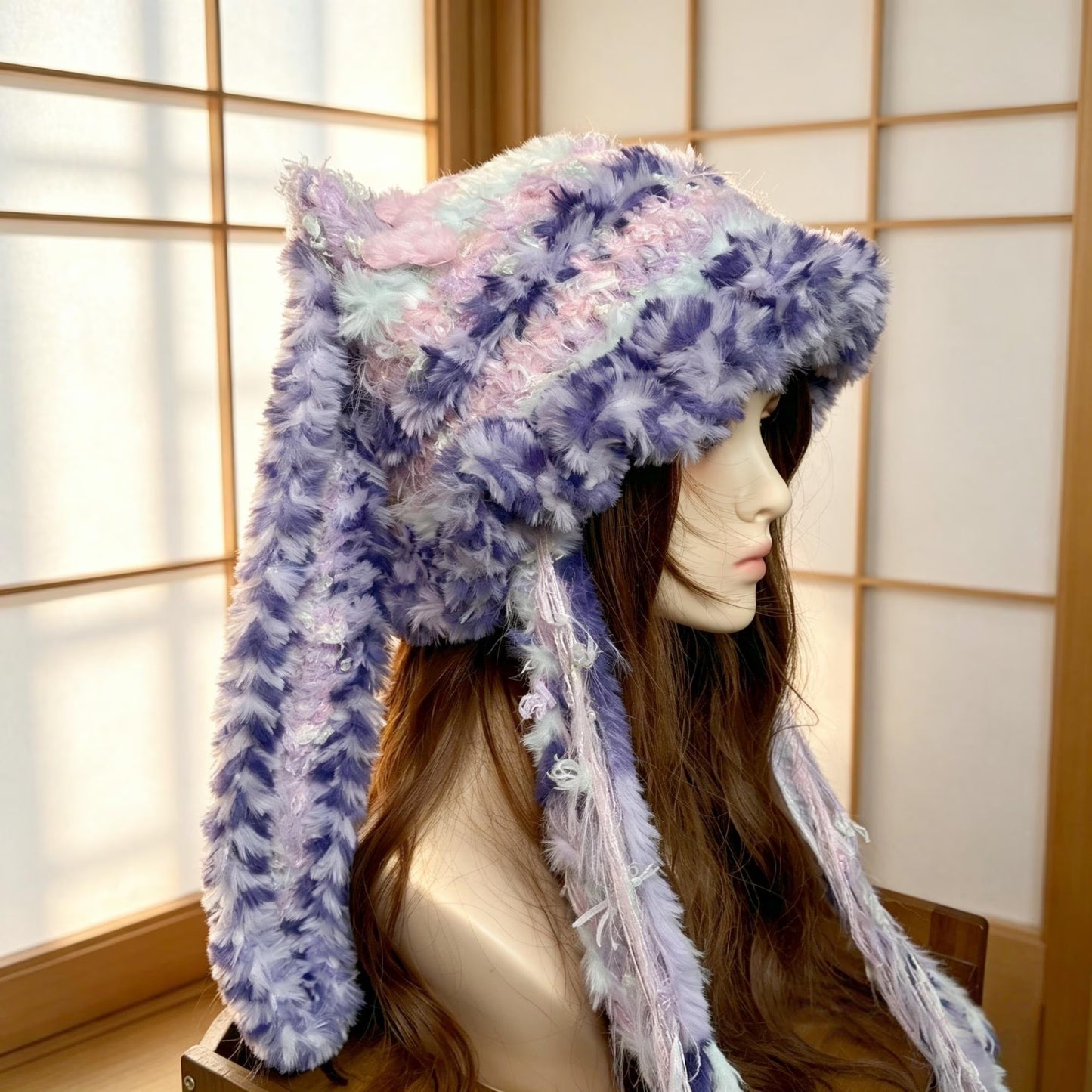 Handmade Purple & Pink Ombre Bunny Ear Beanie - Fluffy Pastel Plush Animal Trapper Hat for Women