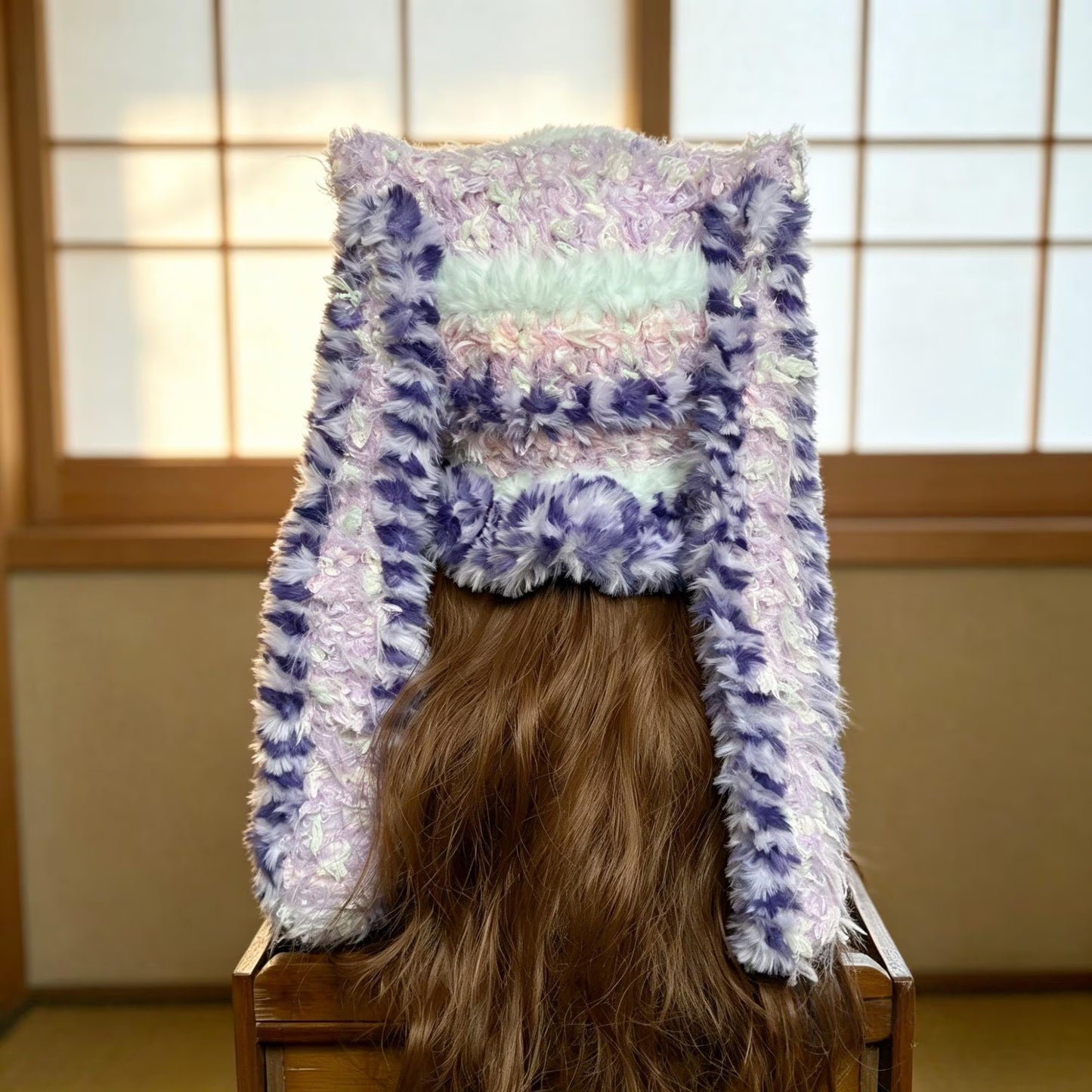 Handmade Purple & Pink Ombre Bunny Ear Beanie - Fluffy Pastel Plush Animal Trapper Hat for Women
