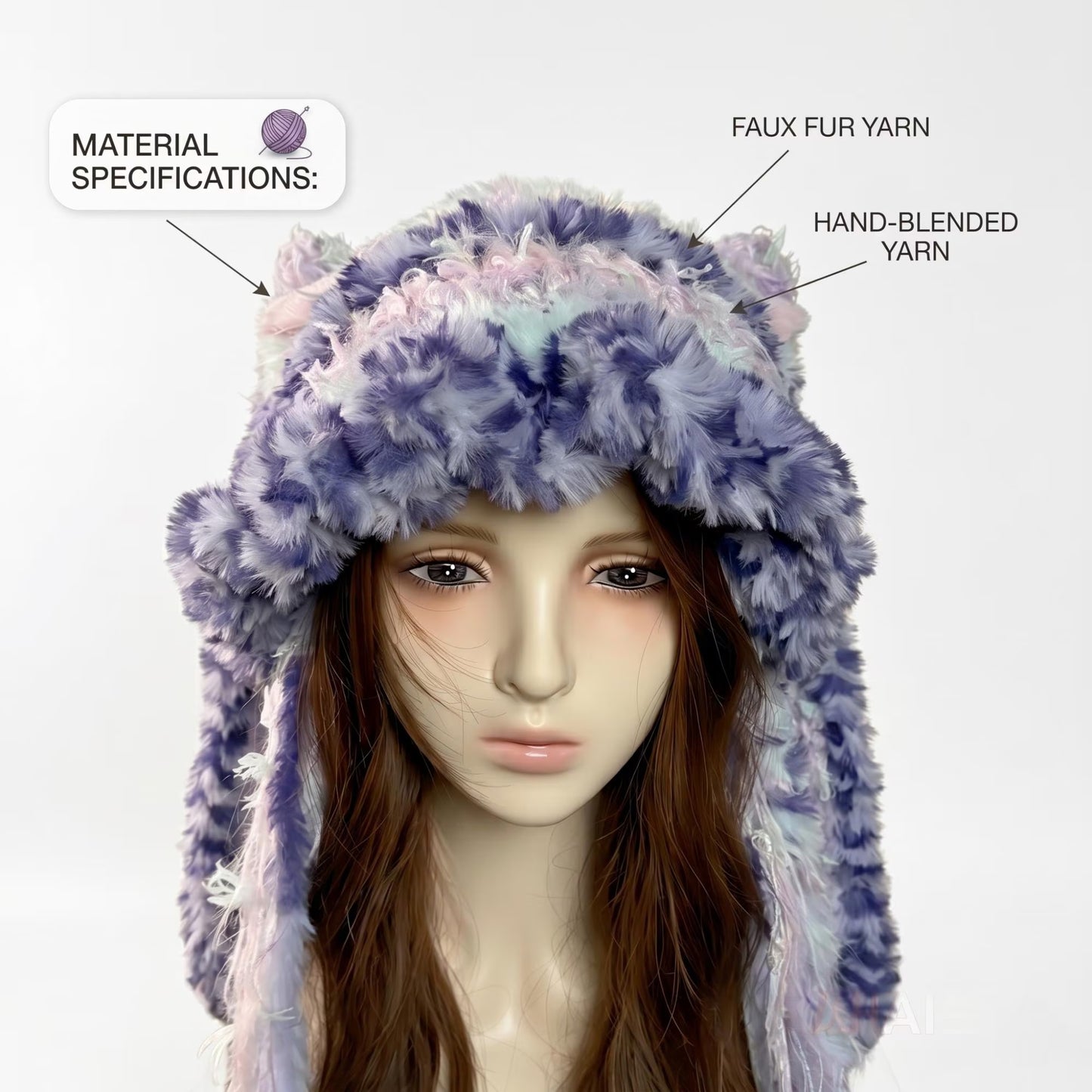 Handmade Purple & Pink Ombre Bunny Ear Beanie - Fluffy Pastel Plush Animal Trapper Hat for Women