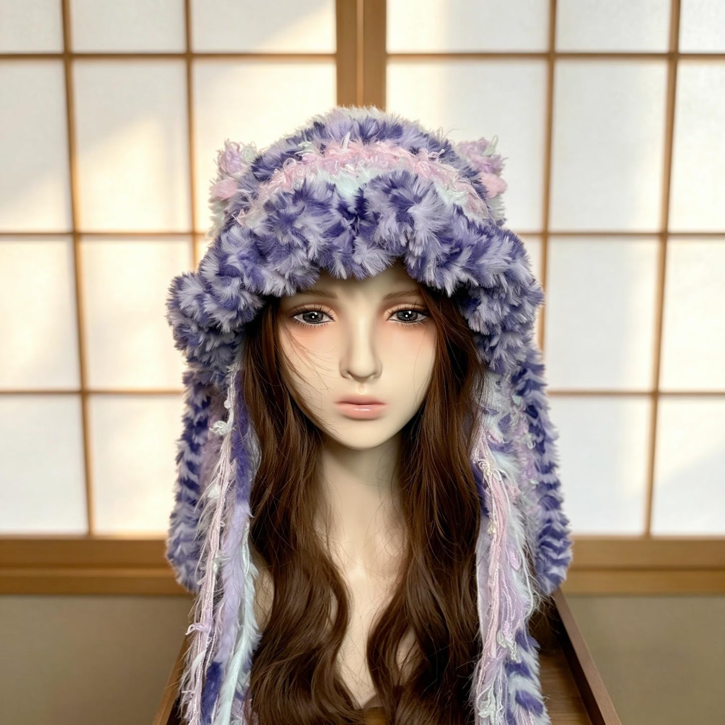 Handmade Purple & Pink Ombre Bunny Ear Beanie - Fluffy Pastel Plush Animal Trapper Hat for Women