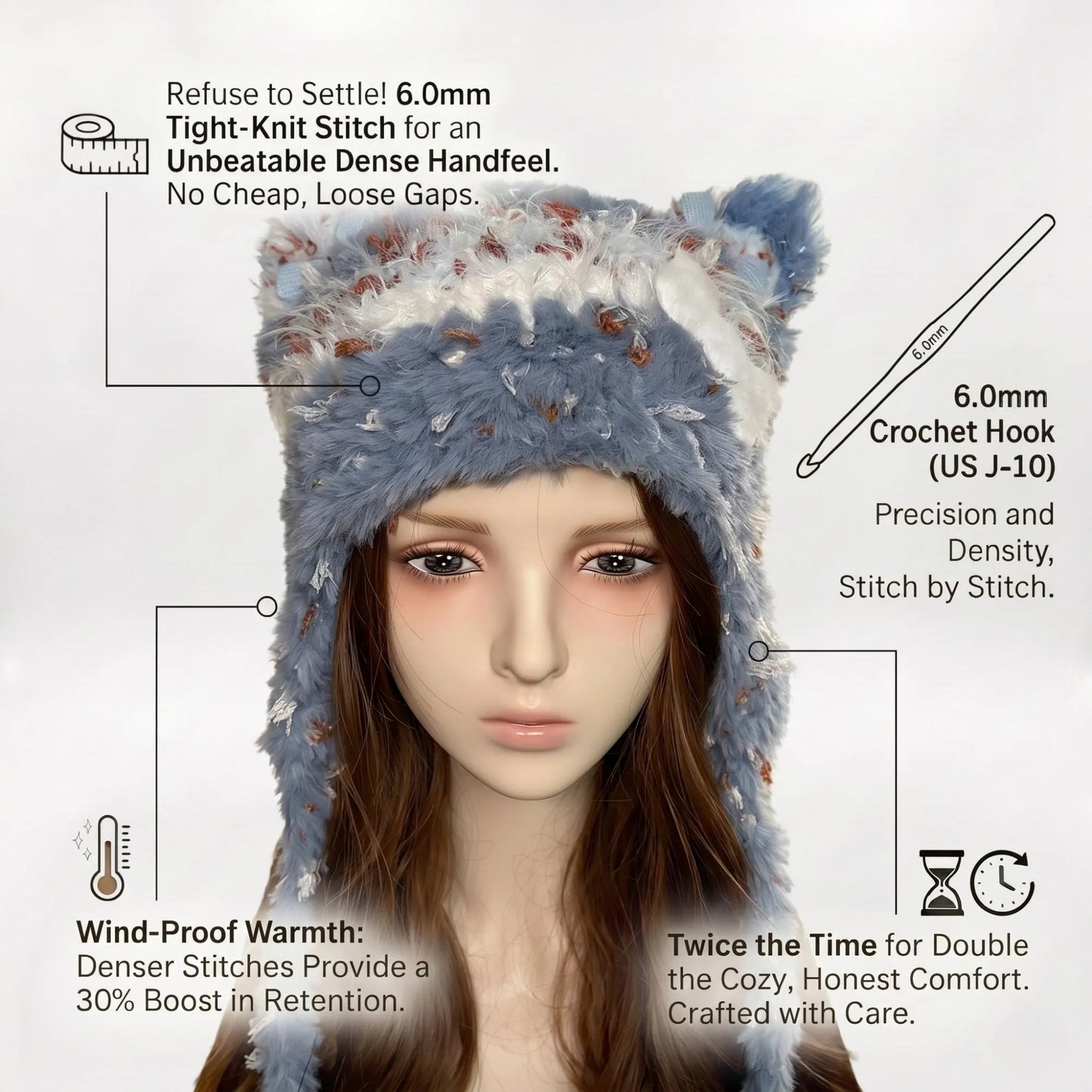 Handmade Dusty Blue Cat Ear Hat - Shaggy Faux Fur Jellyfish Beanie with Long Tassels - Vintage Aesthetic Plush Winter Trapper Hat