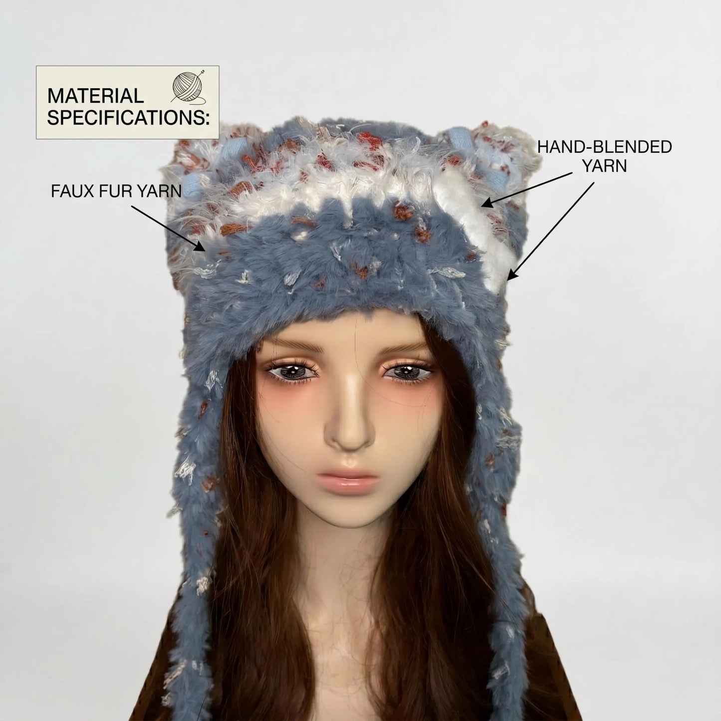 Handmade Dusty Blue Cat Ear Hat - Shaggy Faux Fur Jellyfish Beanie with Long Tassels - Vintage Aesthetic Plush Winter Trapper Hat