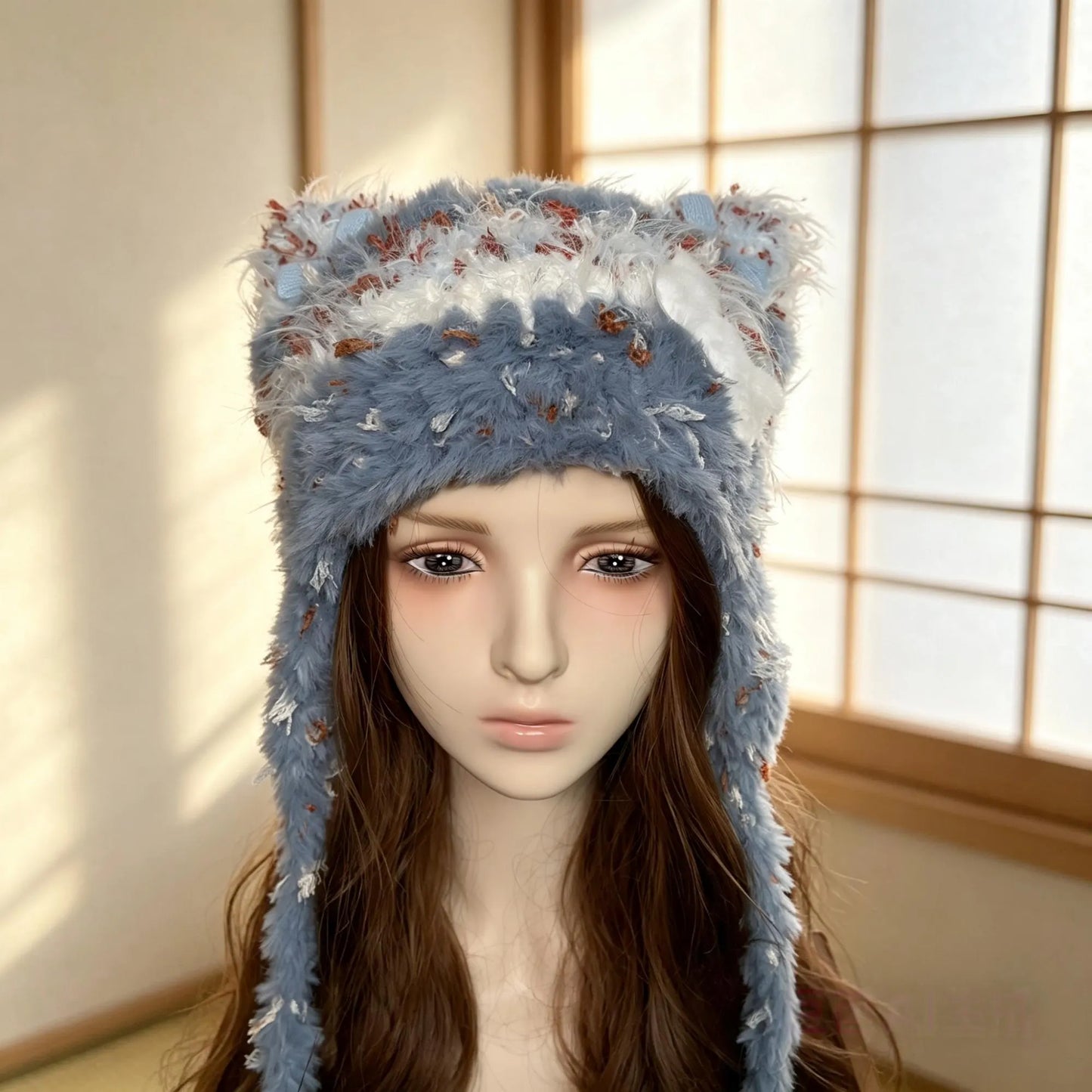 Handmade Dusty Blue Cat Ear Hat - Shaggy Faux Fur Jellyfish Beanie with Long Tassels - Vintage Aesthetic Plush Winter Trapper Hat