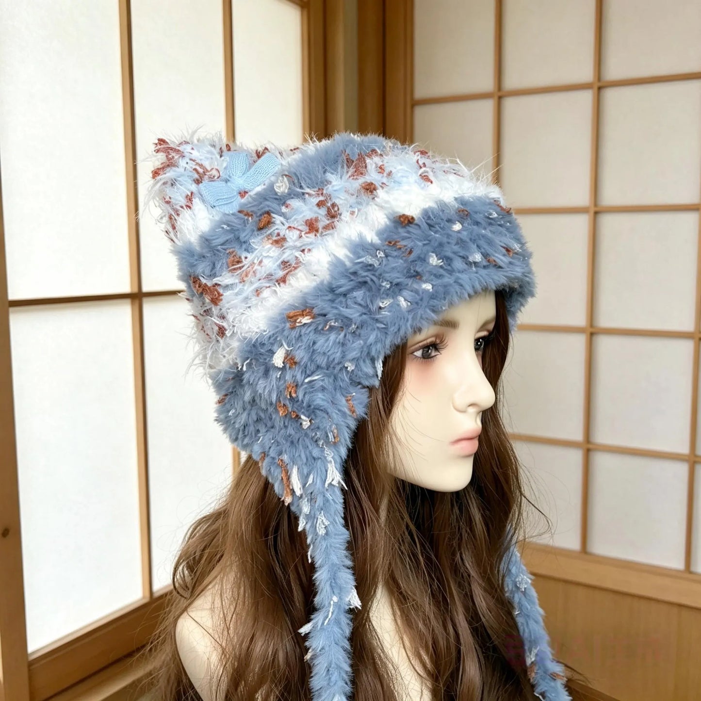 Handmade Dusty Blue Cat Ear Hat - Shaggy Faux Fur Jellyfish Beanie with Long Tassels - Vintage Aesthetic Plush Winter Trapper Hat