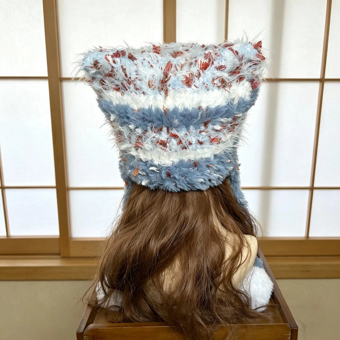 Handmade Dusty Blue Cat Ear Hat - Shaggy Faux Fur Jellyfish Beanie with Long Tassels - Vintage Aesthetic Plush Winter Trapper Hat