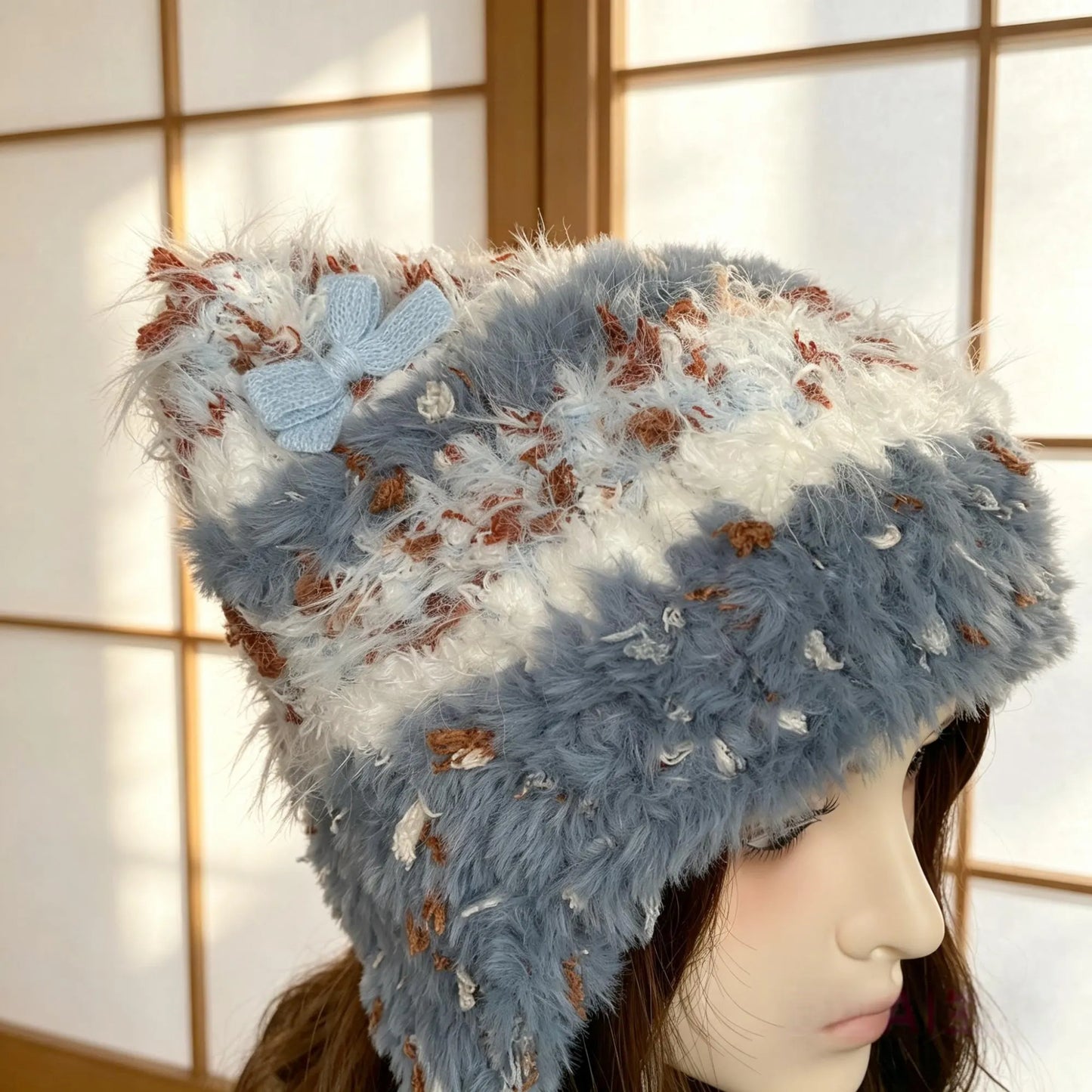Handmade Dusty Blue Cat Ear Hat - Shaggy Faux Fur Jellyfish Beanie with Long Tassels - Vintage Aesthetic Plush Winter Trapper Hat
