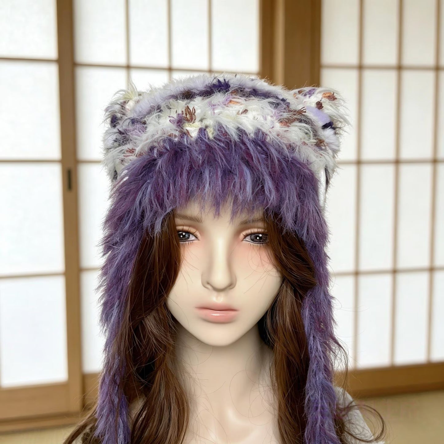 Handmade Purple and White Cat Ear Hat - Shaggy Faux Fur Jellyfish Beanie with Pom-Poms - Whimsical Aesthetic Winter Trapper Hat