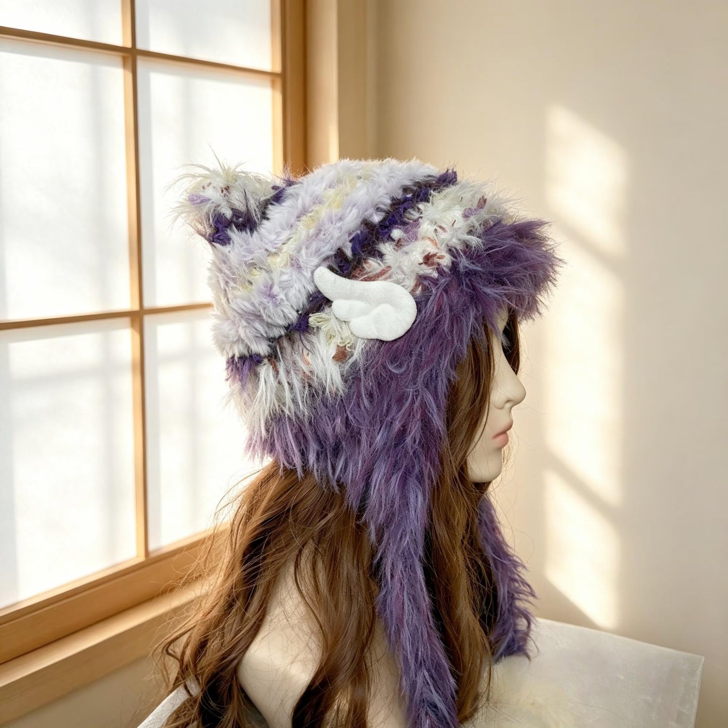 Handmade Purple and White Cat Ear Hat - Shaggy Faux Fur Jellyfish Beanie with Pom-Poms - Whimsical Aesthetic Winter Trapper Hat