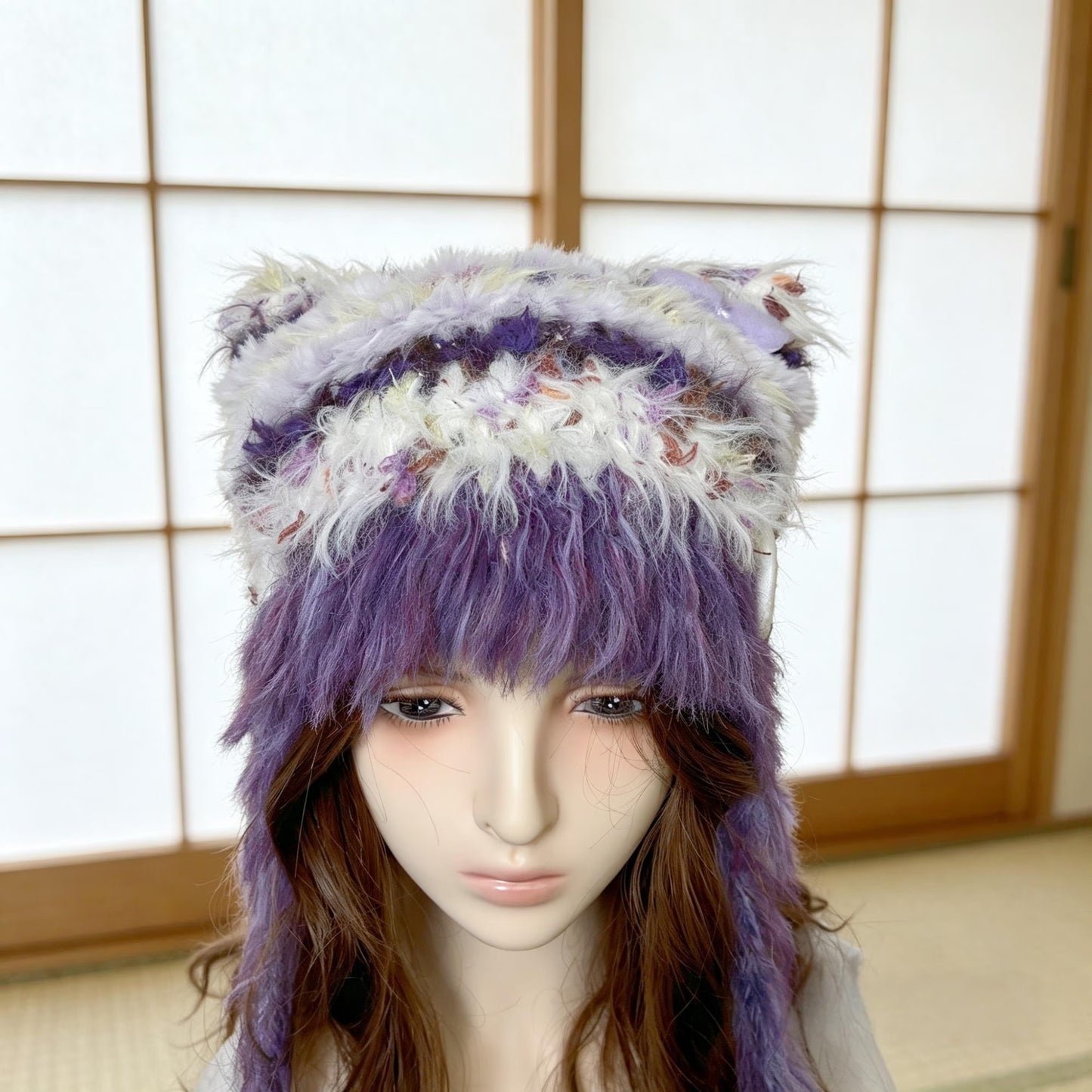 Handmade Purple and White Cat Ear Hat - Shaggy Faux Fur Jellyfish Beanie with Pom-Poms - Whimsical Aesthetic Winter Trapper Hat