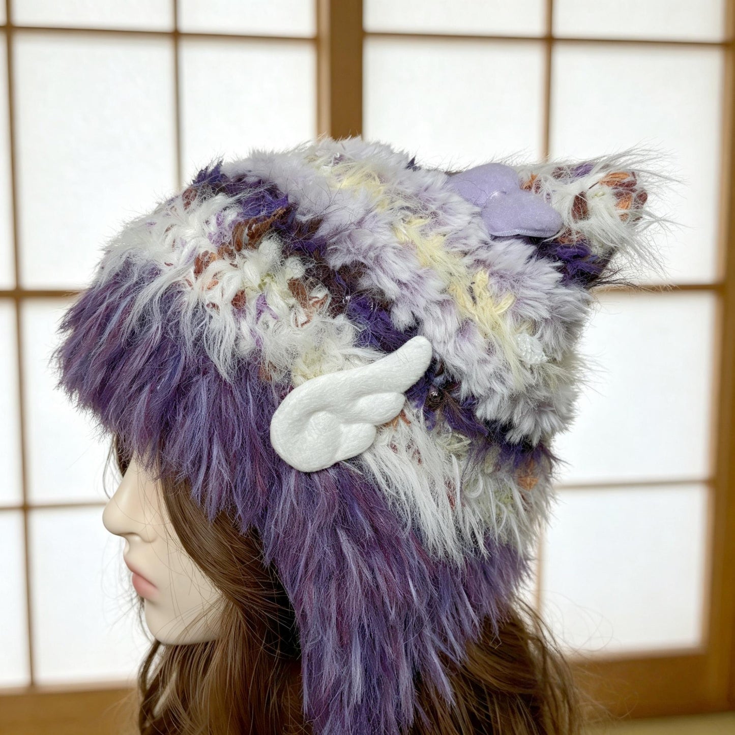 Handmade Purple and White Cat Ear Hat - Shaggy Faux Fur Jellyfish Beanie with Pom-Poms - Whimsical Aesthetic Winter Trapper Hat