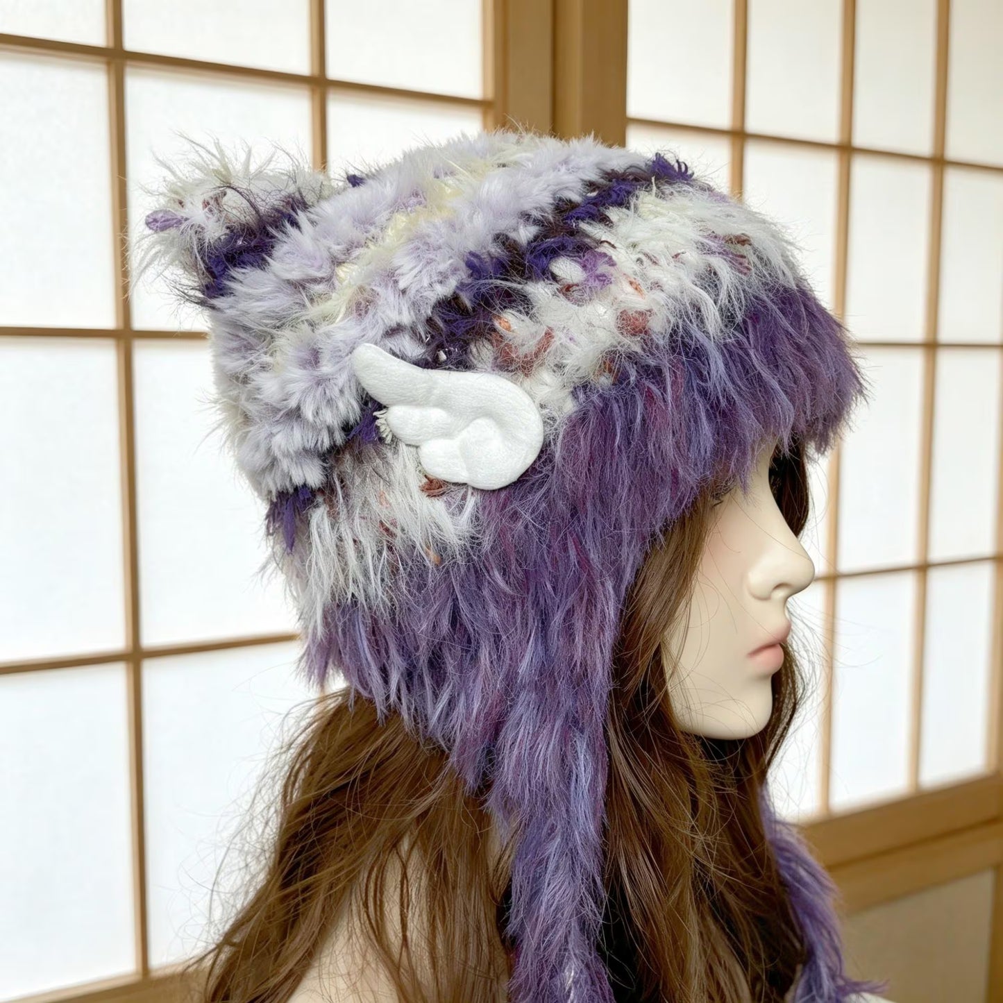 Handmade Purple and White Cat Ear Hat - Shaggy Faux Fur Jellyfish Beanie with Pom-Poms - Whimsical Aesthetic Winter Trapper Hat